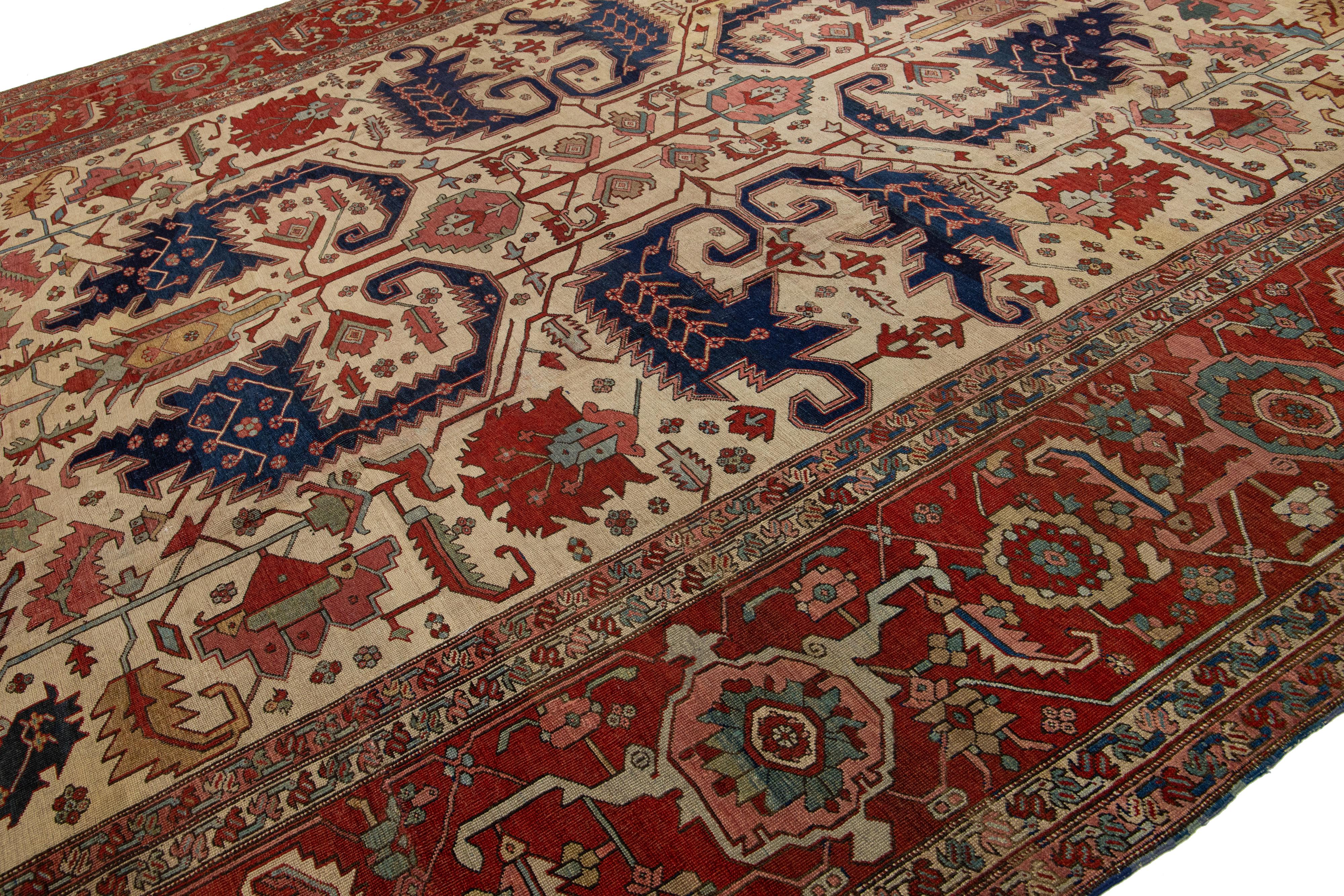 Hand-Knotted 1900s Antique Handmade Wool Rug Persian Serapi Featuring a Allover Motif  For Sale