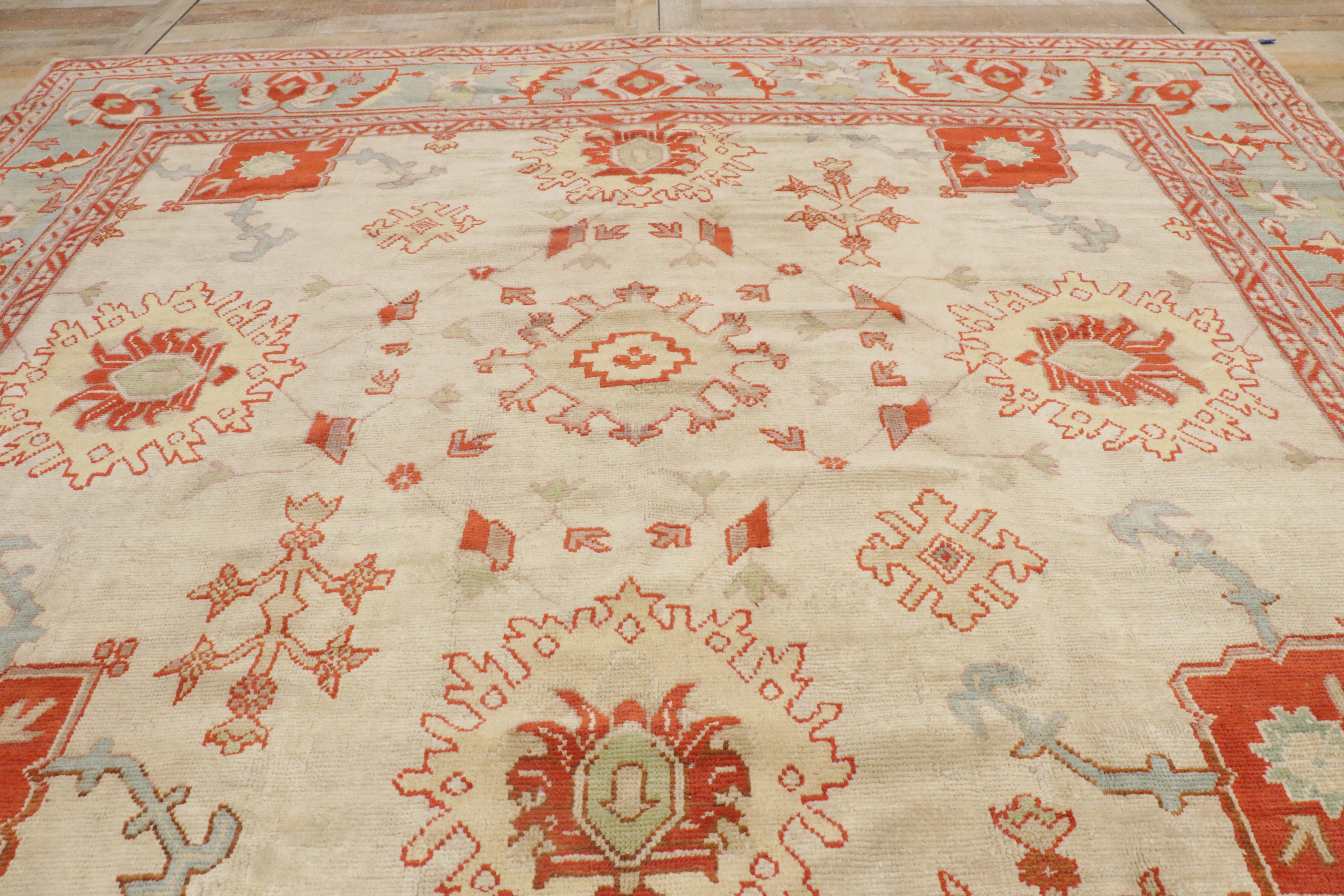 1900's Antique Ivory Turkish Oushak Rug with Modern Mediterranean Style For Sale 8