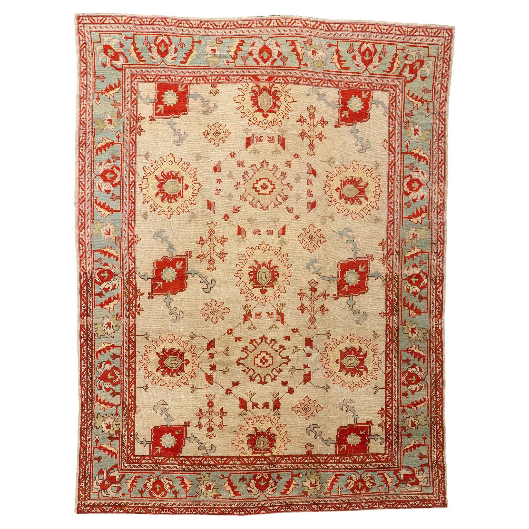 1900's Antique Ivory Turkish Oushak Rug with Mediterranean Style