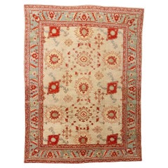 Alfombra Turca Oushak Marfil Antigua de 1900 de Estilo Mediterráneo