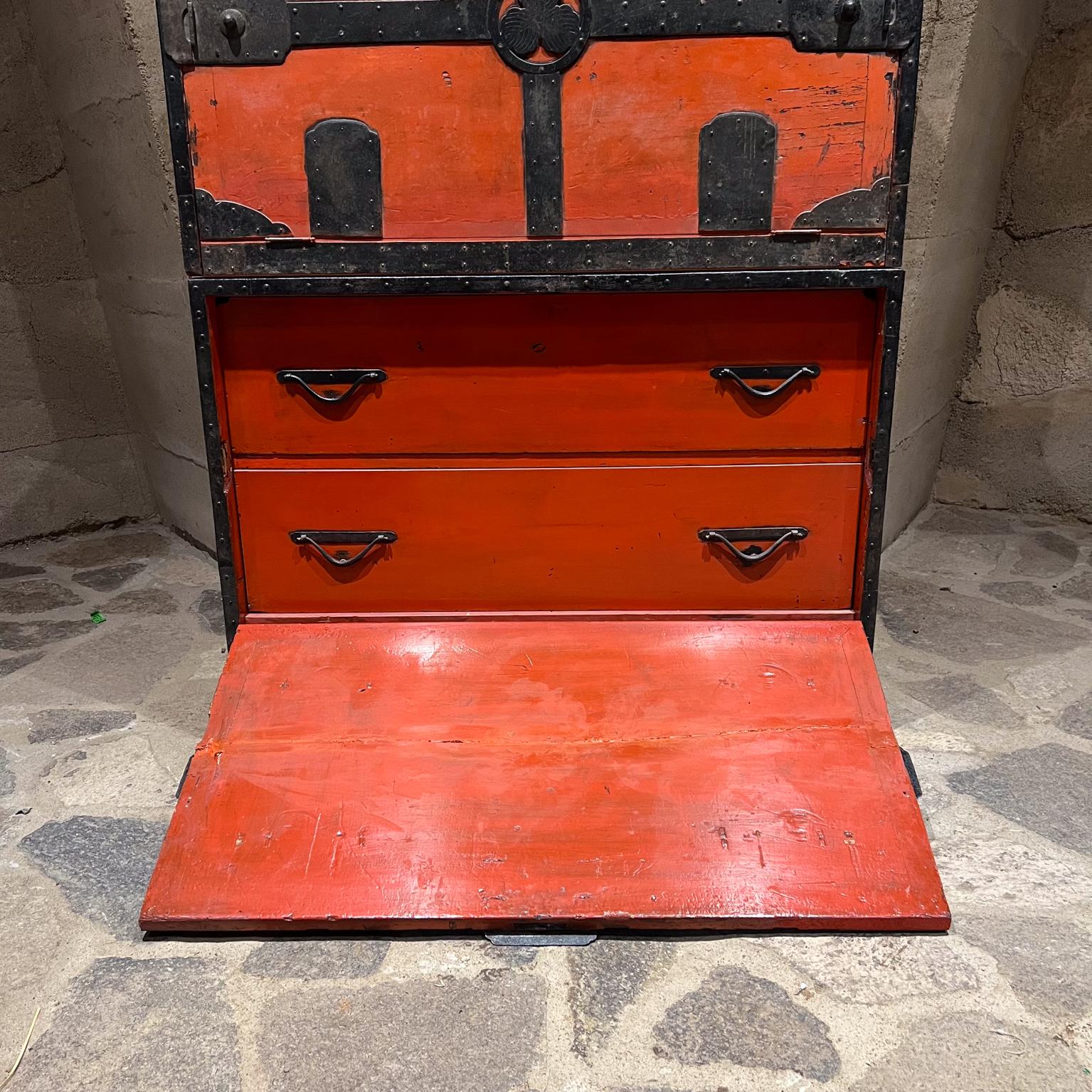 Metal 1900s Antique Japanese Tansu Red Cabinets Travel Chests For Sale