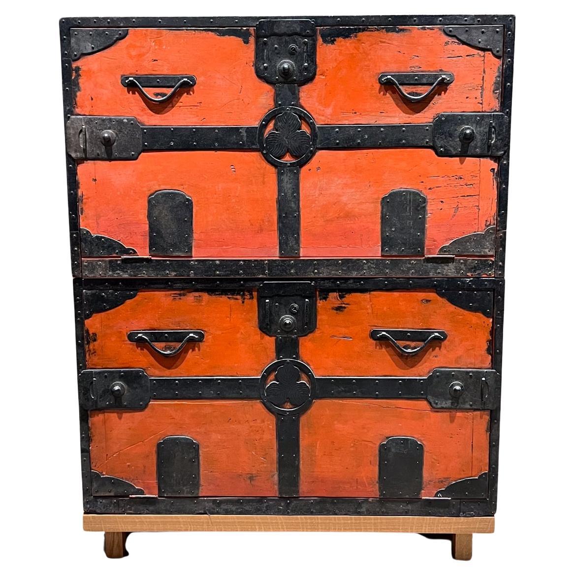 1900s Antique Japanese Tansu Red Cabinets Travel Chests