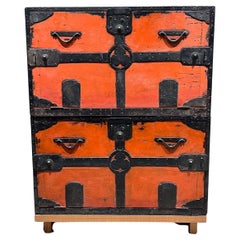 1900s Vintage Japanese Tansu Red Cabinets Travel Chests