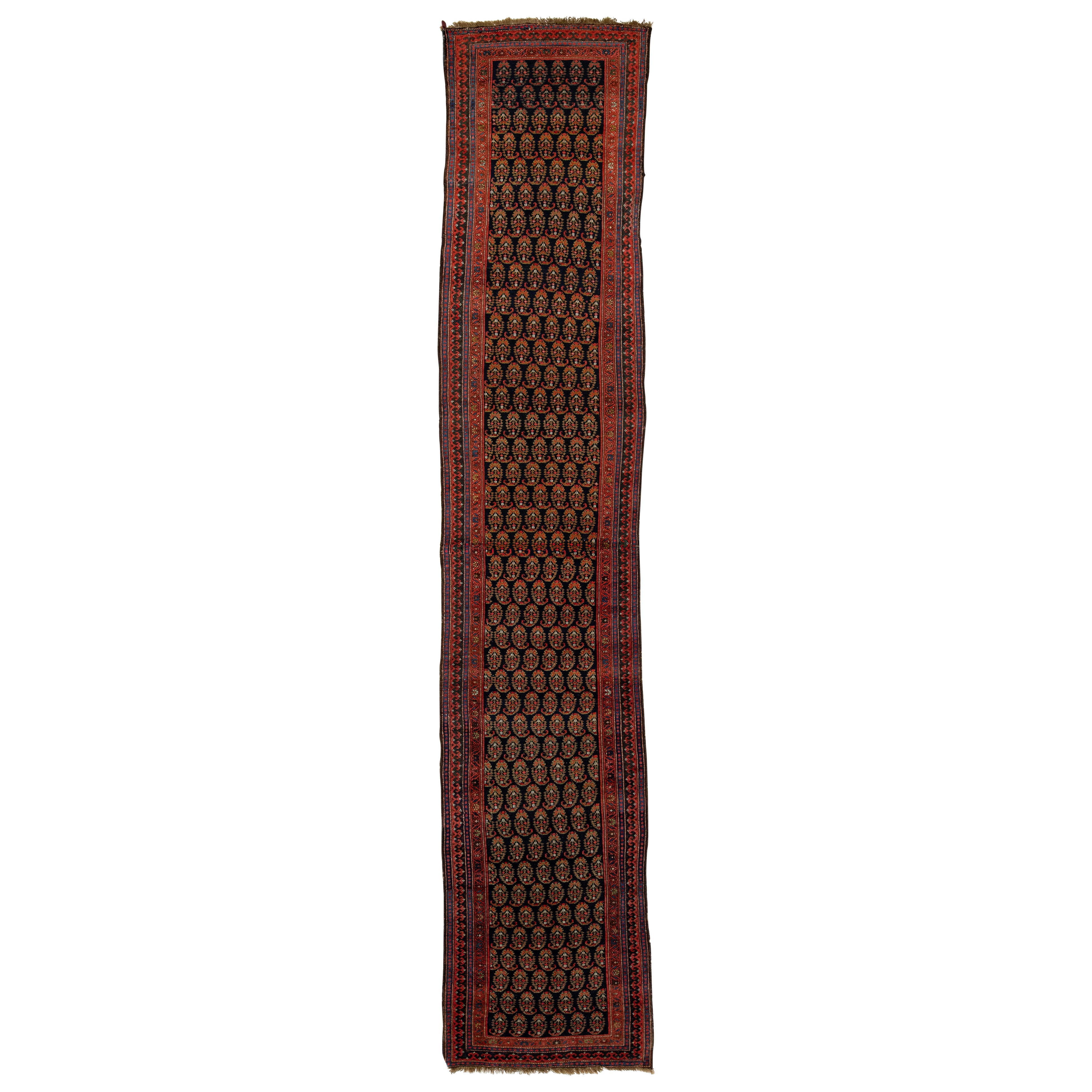 1900s Antique Malayer Wool Runner in Dark Blue With Boteh Pattern