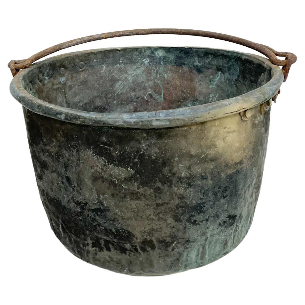1900s Antique Old Copper Big Bucket Patinated Tub Forged Iron Handle