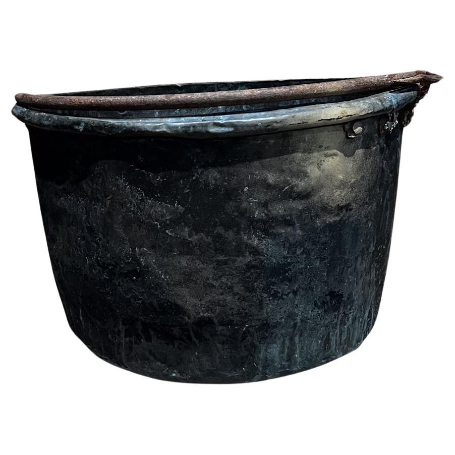 1900s Antique Patinated Copper Cauldron Pot Forged Iron Handle