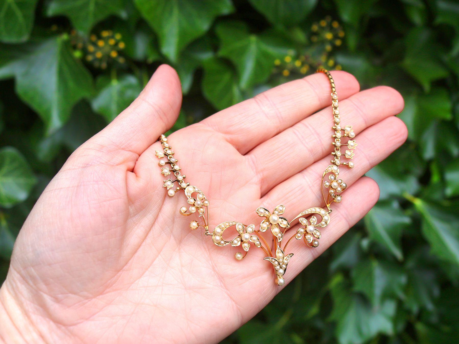 A fine and impressive antique seed pearl necklace in 15 karat yellow gold; part of our diverse antique jewelry and estate jewelry collections.

This fine and impressive antique pearl necklace has been crafted in 15k yellow gold.

This antique pearl