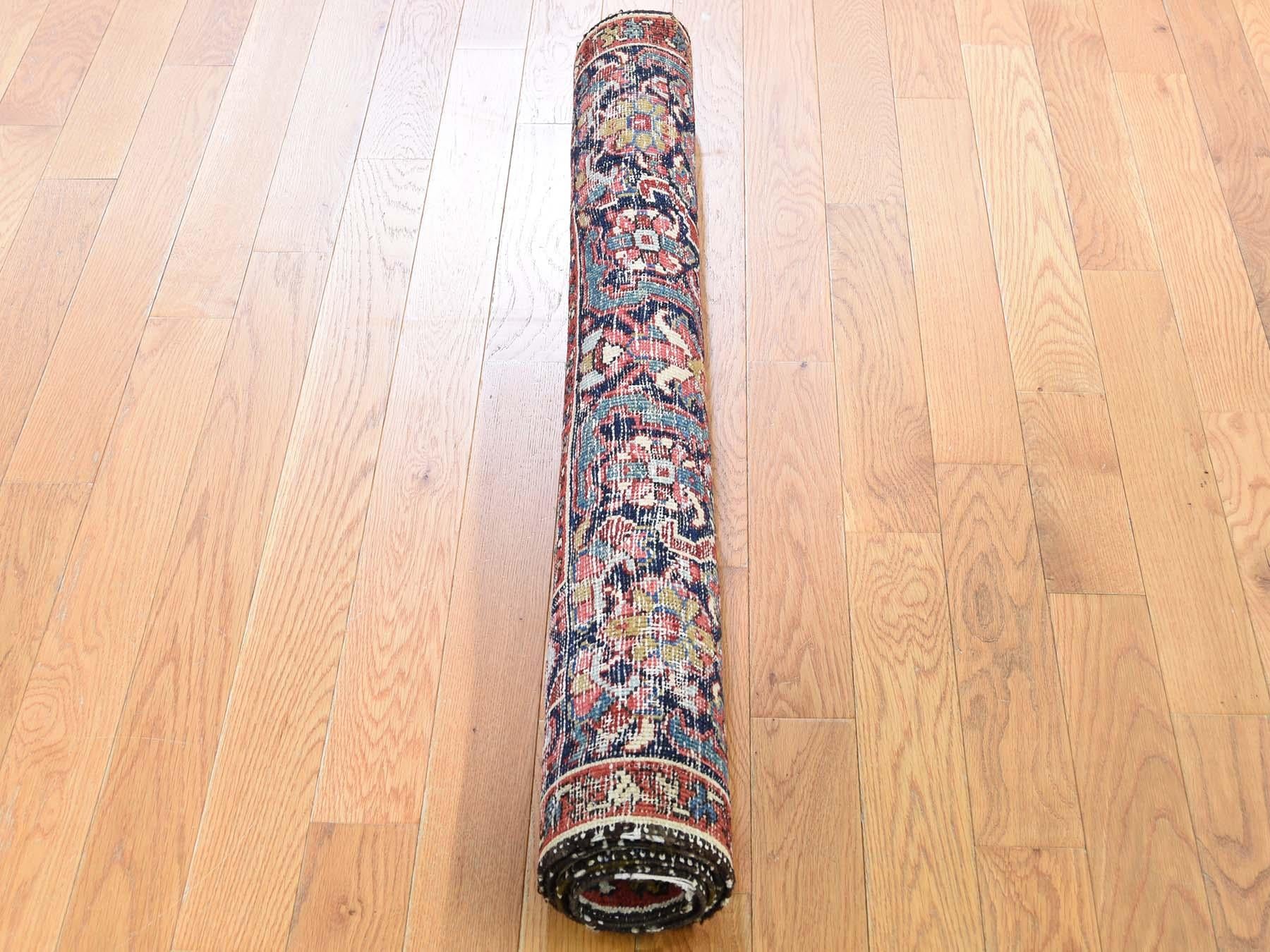 1900s Antique Persian Heriz Hand-Knotted Oriental Rug- 3′6″ × 4′4″ In Good Condition In Carlstadt, NJ