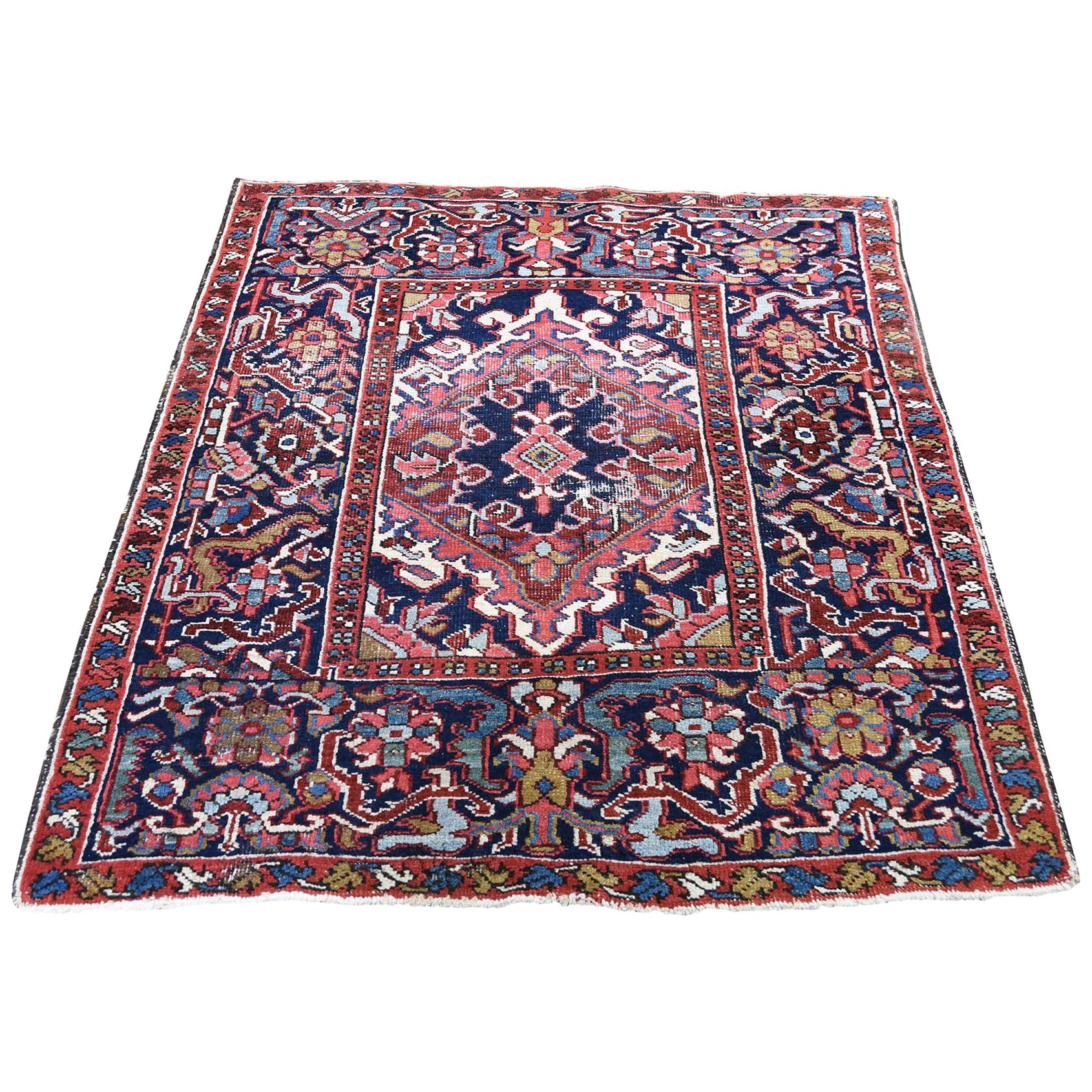 1900s Antique Persian Heriz Hand-Knotted Oriental Rug- 3′6″ × 4′4″