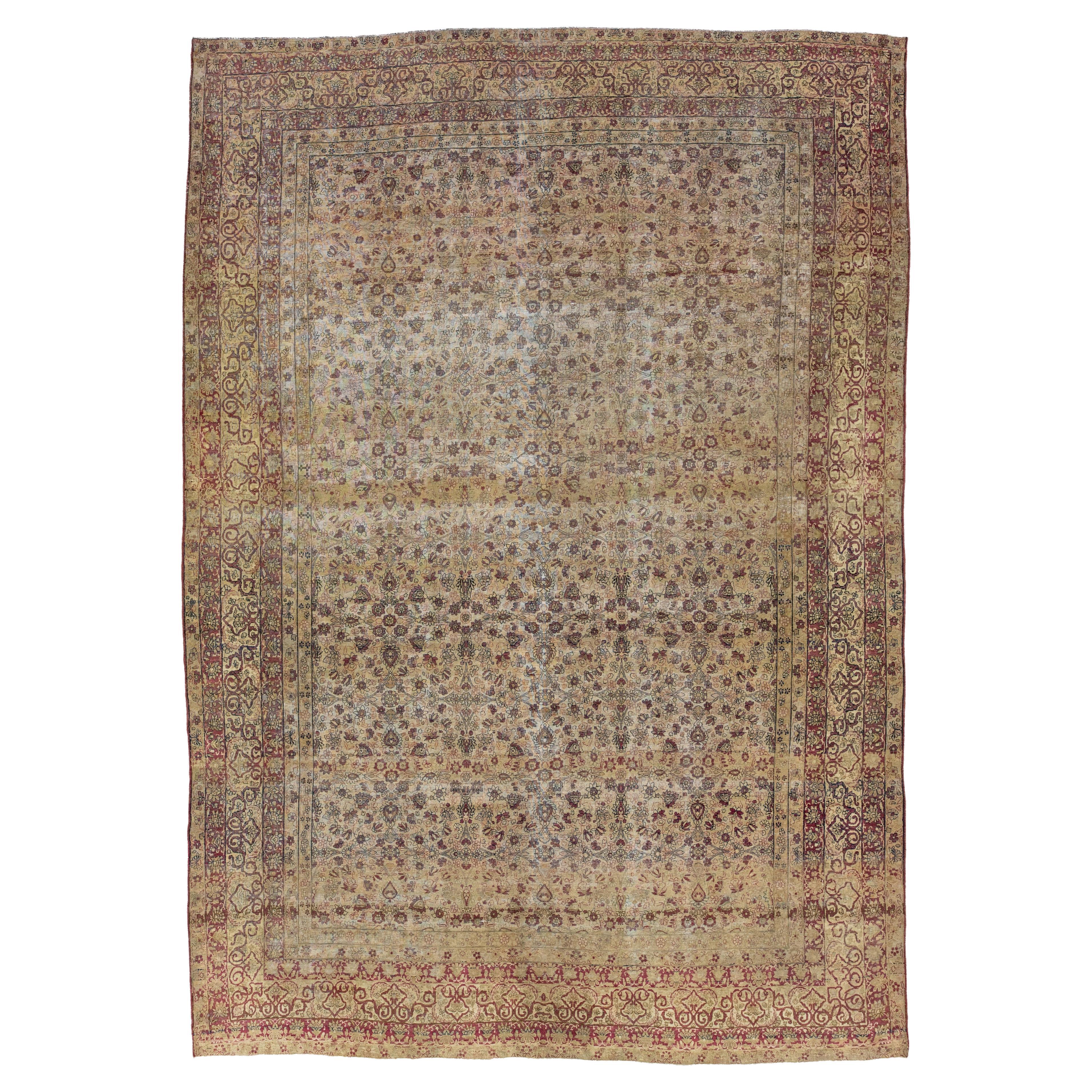 Antiquités 1900 - Tapis persan en laine de Kerman, couleur fauve, fait à la main avec un motif Allover