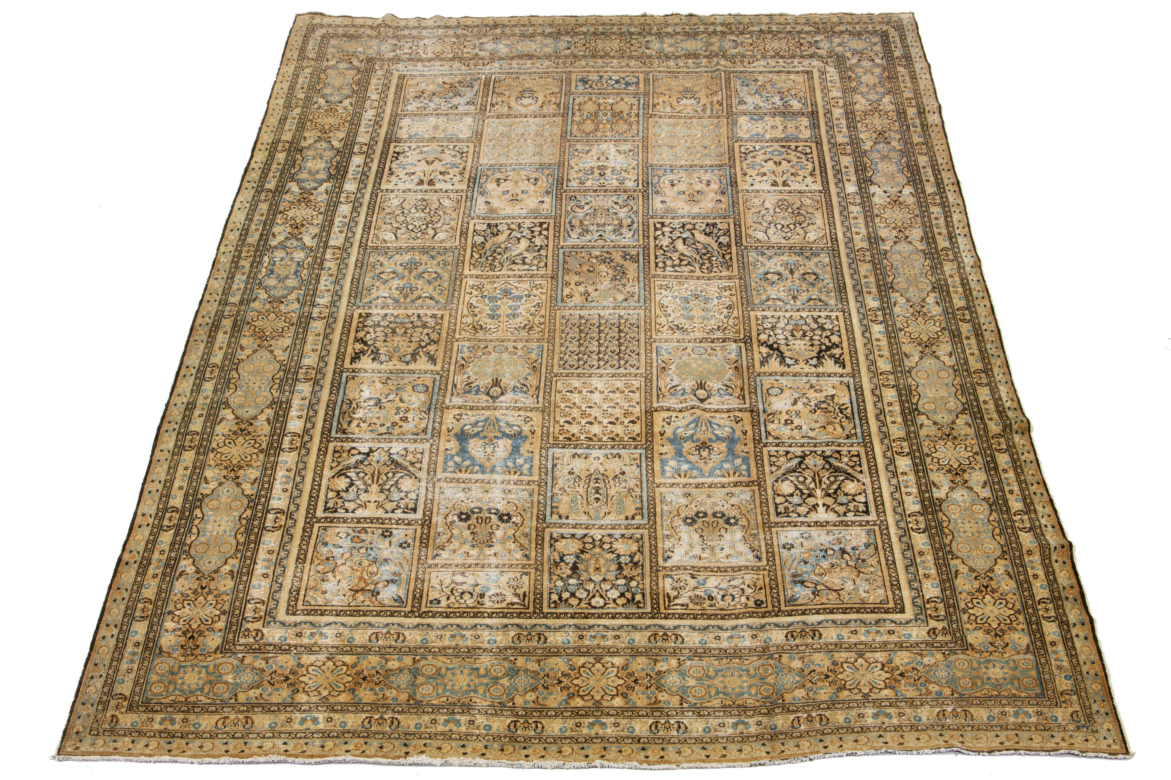 This antique Khorassan wool rug originated in the 1900s. This Persian marvel is skillfully hand-knotted, displaying a beige field with captivating allover patterns in accents of blue and brown.

This rug measures 11'4