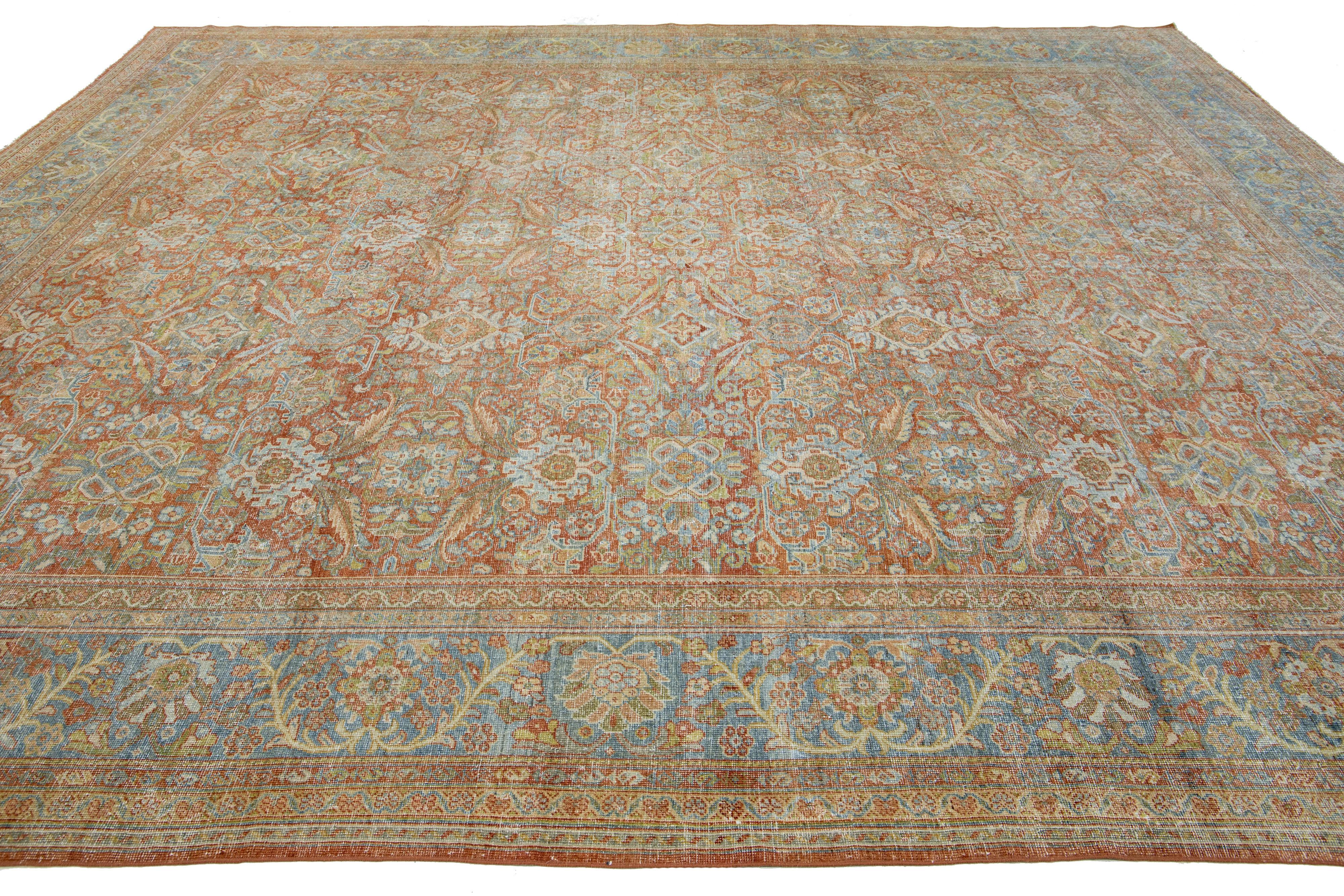 1900s Antique Persian Mahal Rust Wool Rug With Allover Floral Pattern In Good Condition For Sale In Norwalk, CT