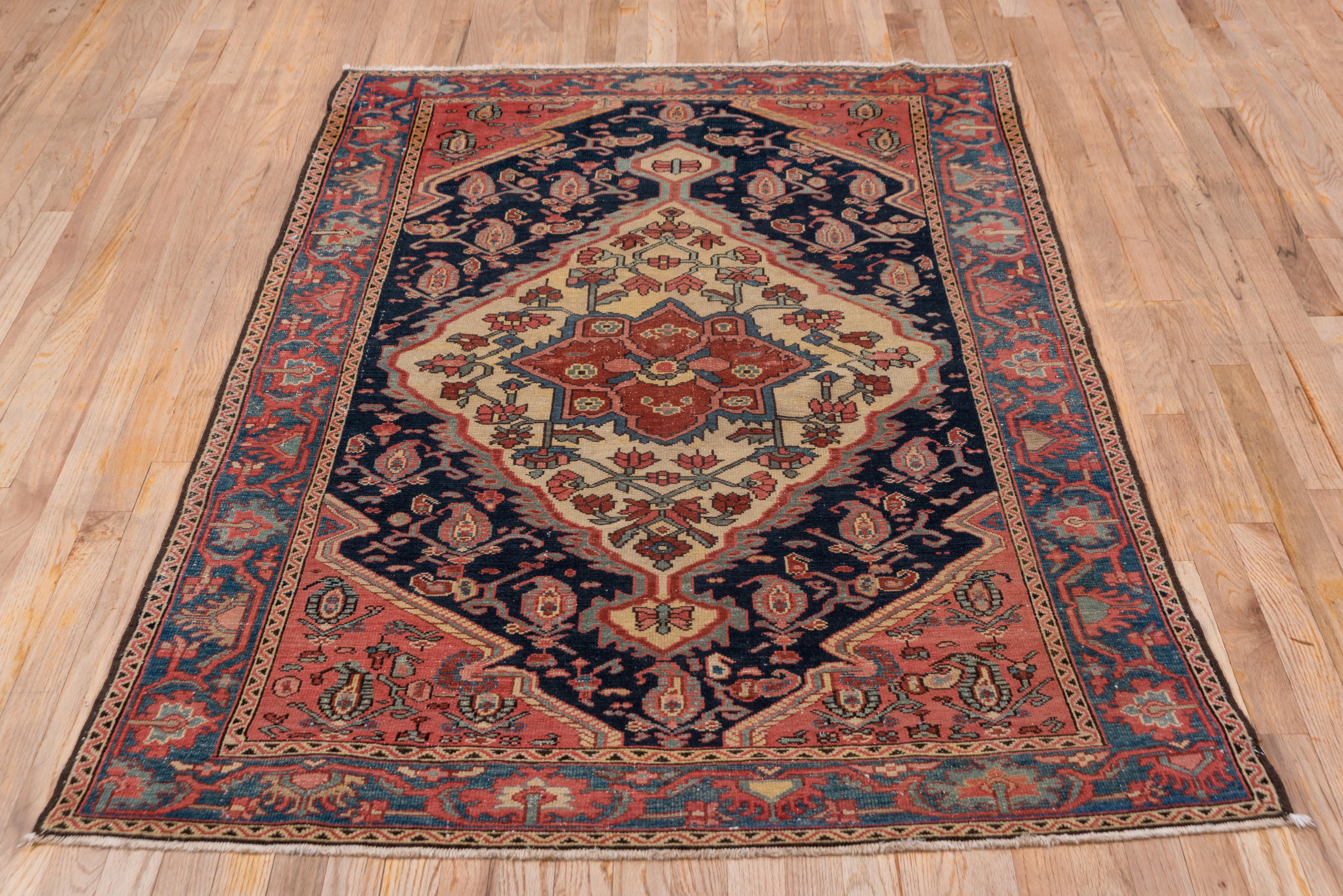 Hand-Knotted 1900s Antique Persian Mishan Malayer Rug, Rose, Navy & Ivory Field, Blue Borders For Sale