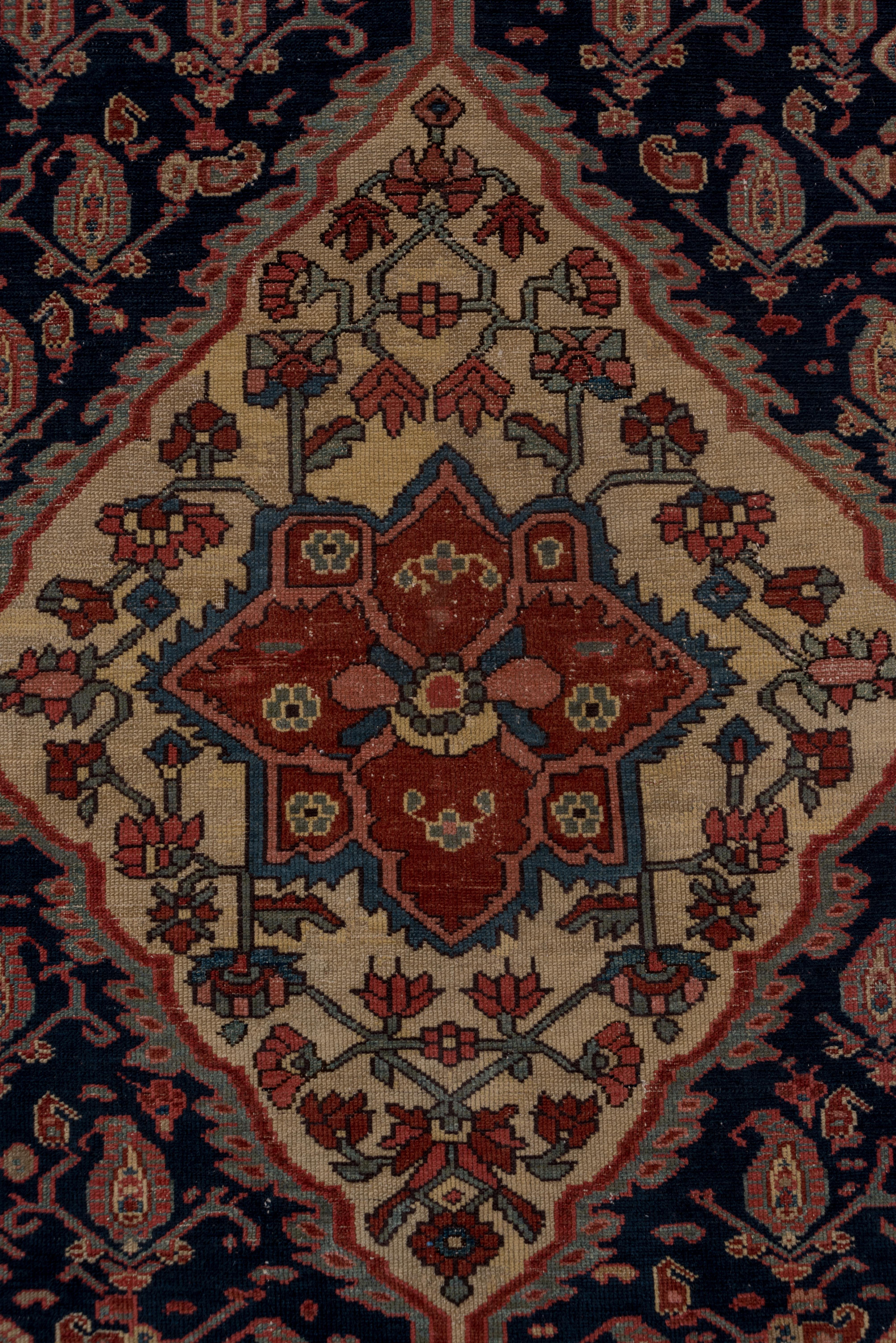 1900s Antique Persian Mishan Malayer Rug, Rose, Navy & Ivory Field, Blue Borders In Good Condition For Sale In New York, NY
