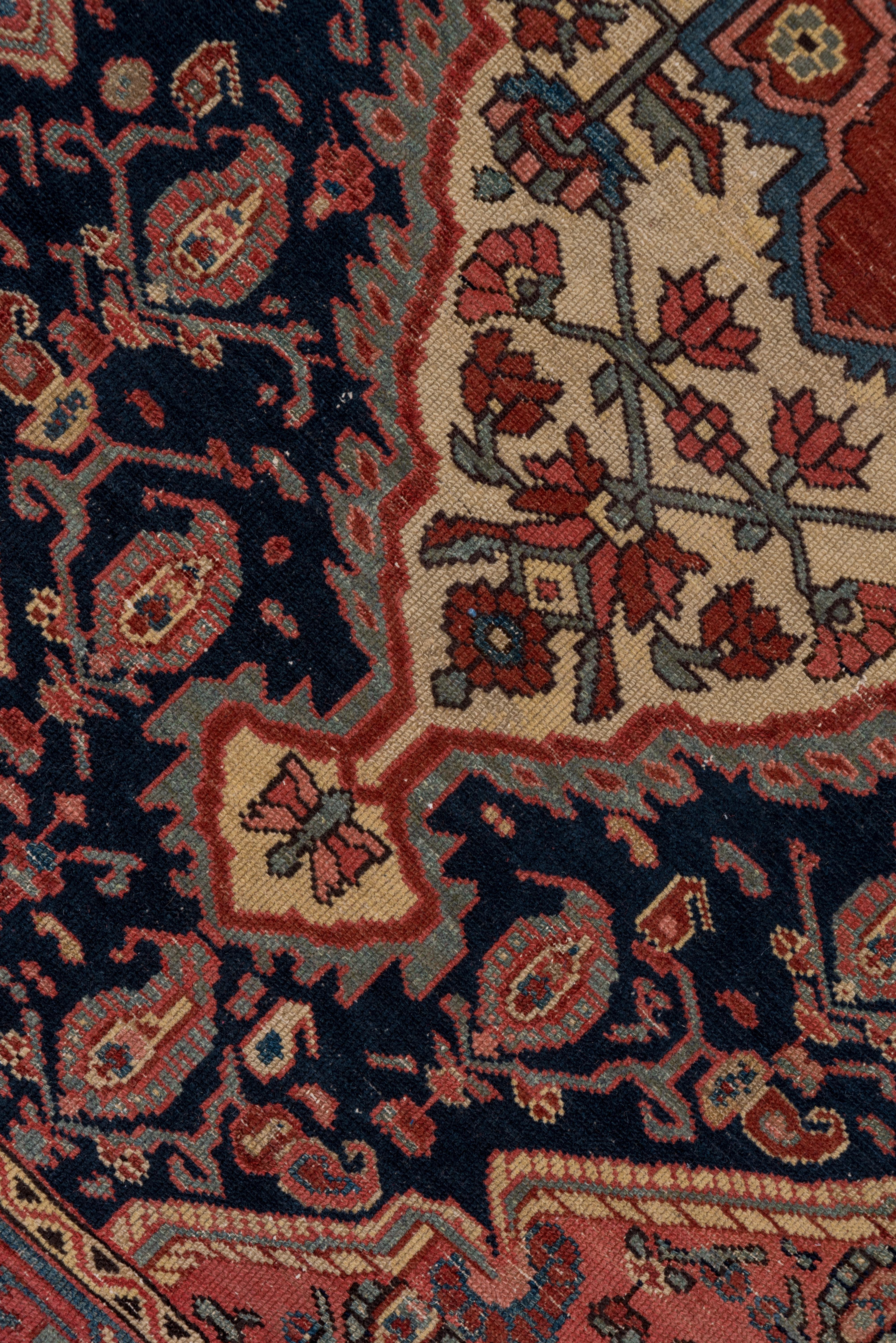 Early 20th Century 1900s Antique Persian Mishan Malayer Rug, Rose, Navy & Ivory Field, Blue Borders For Sale