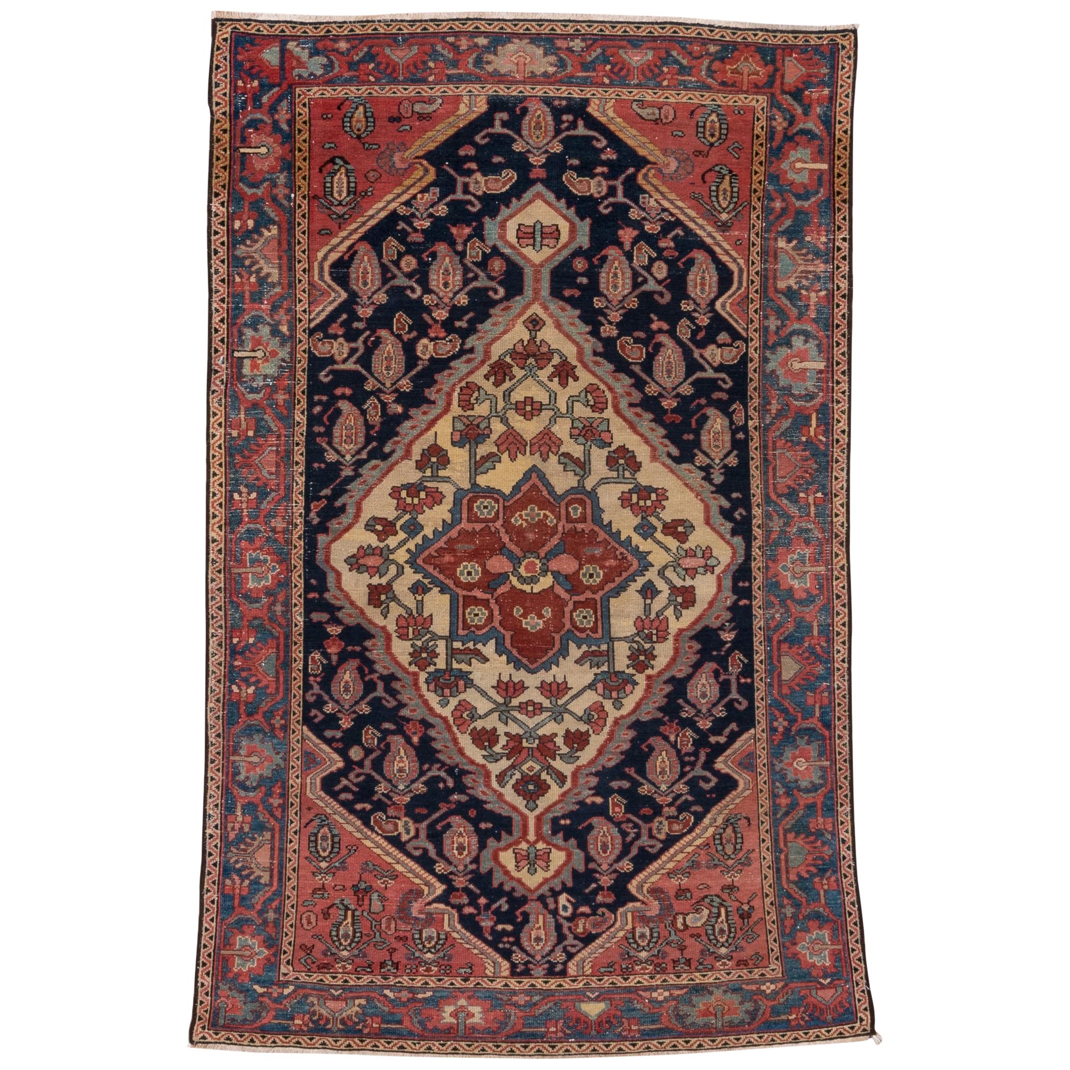 1900s Antique Persian Mishan Malayer Rug, Rose, Navy & Ivory Field, Blue Borders For Sale