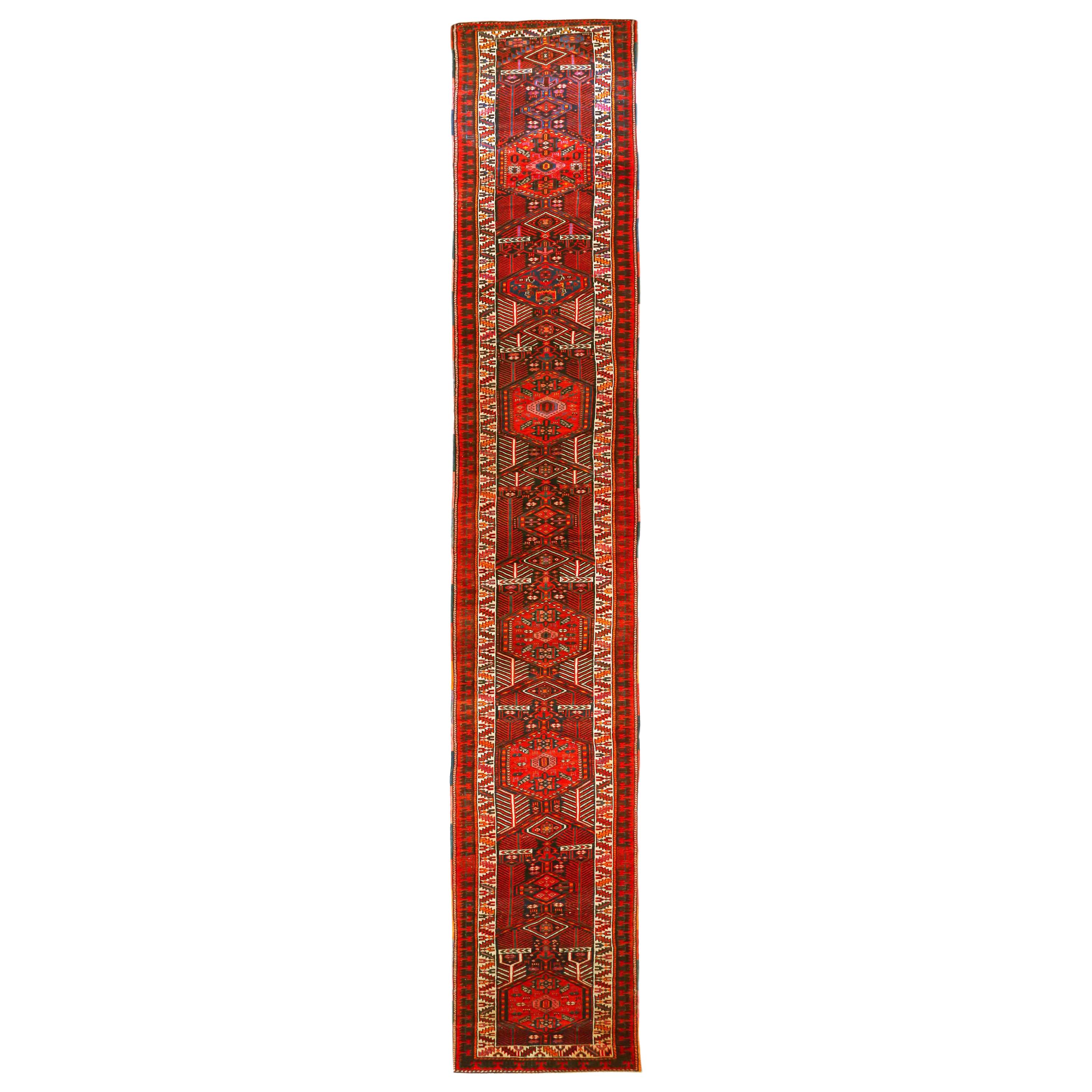 1900s Antique Persian Rug in Azerbaijan Design with Extended Length For Sale