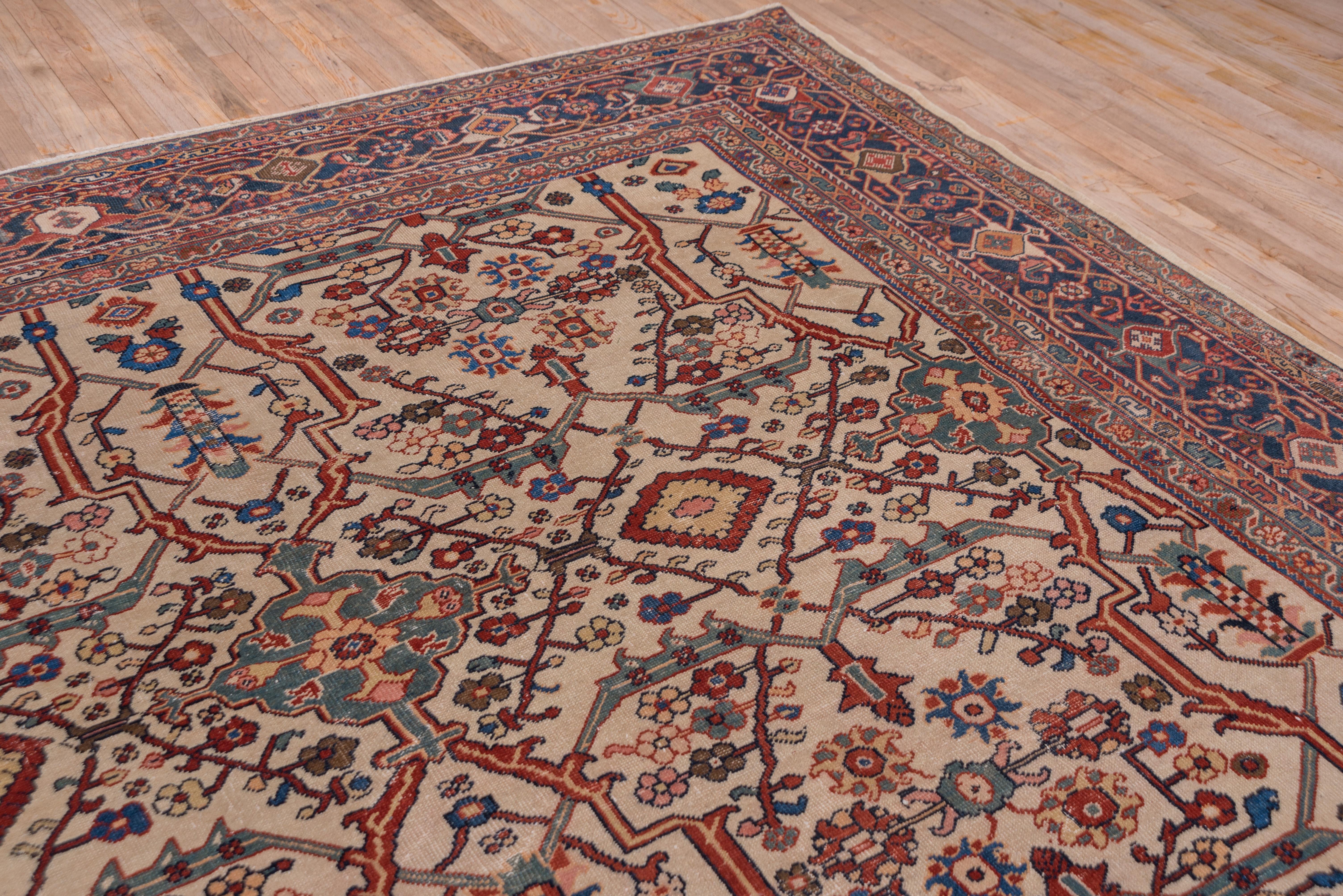1900s Antique Persian Sultanabad Rug, All-Over Ivory Field, Bold Colors For Sale 5
