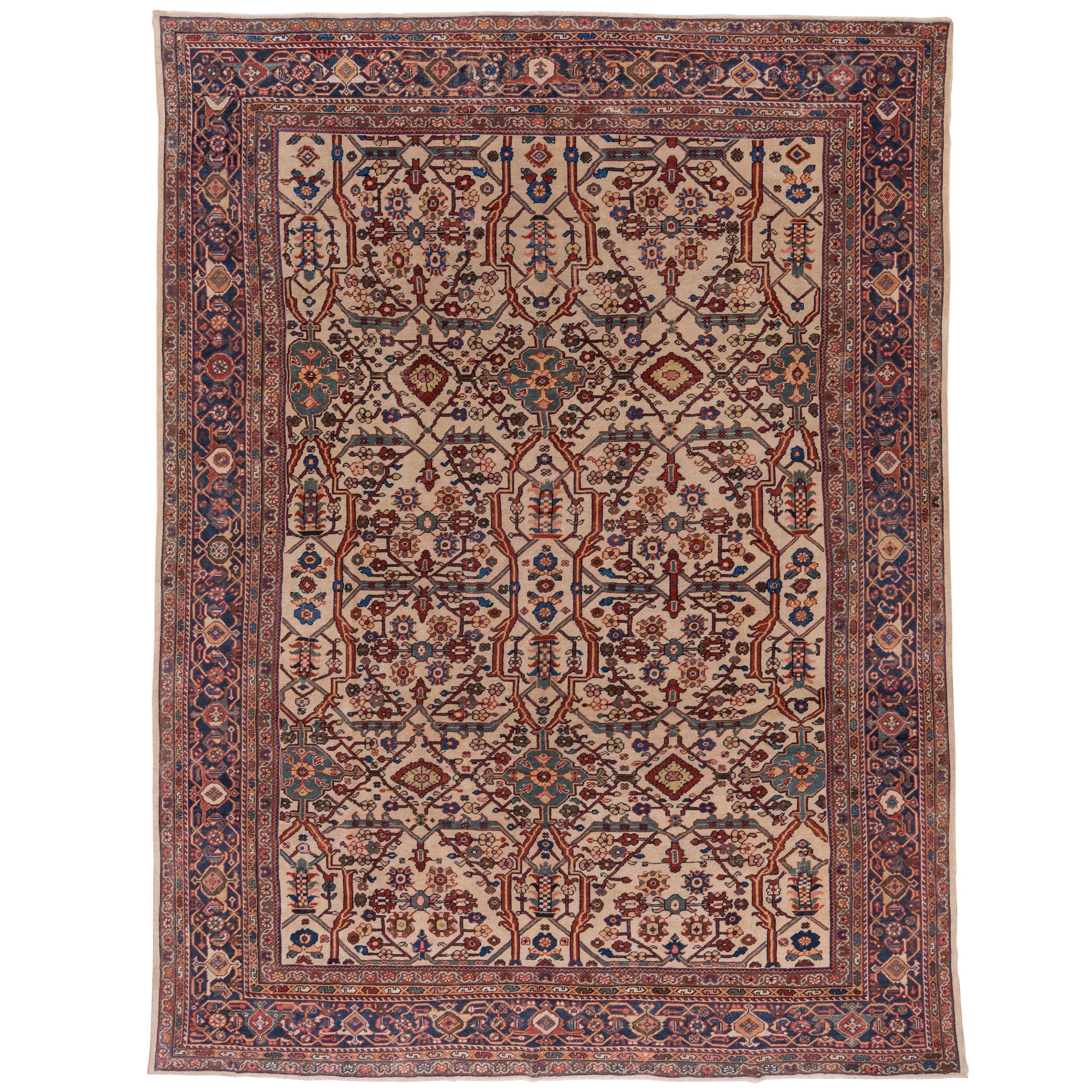 1900s Antique Persian Sultanabad Rug, All-Over Ivory Field, Bold Colors For Sale