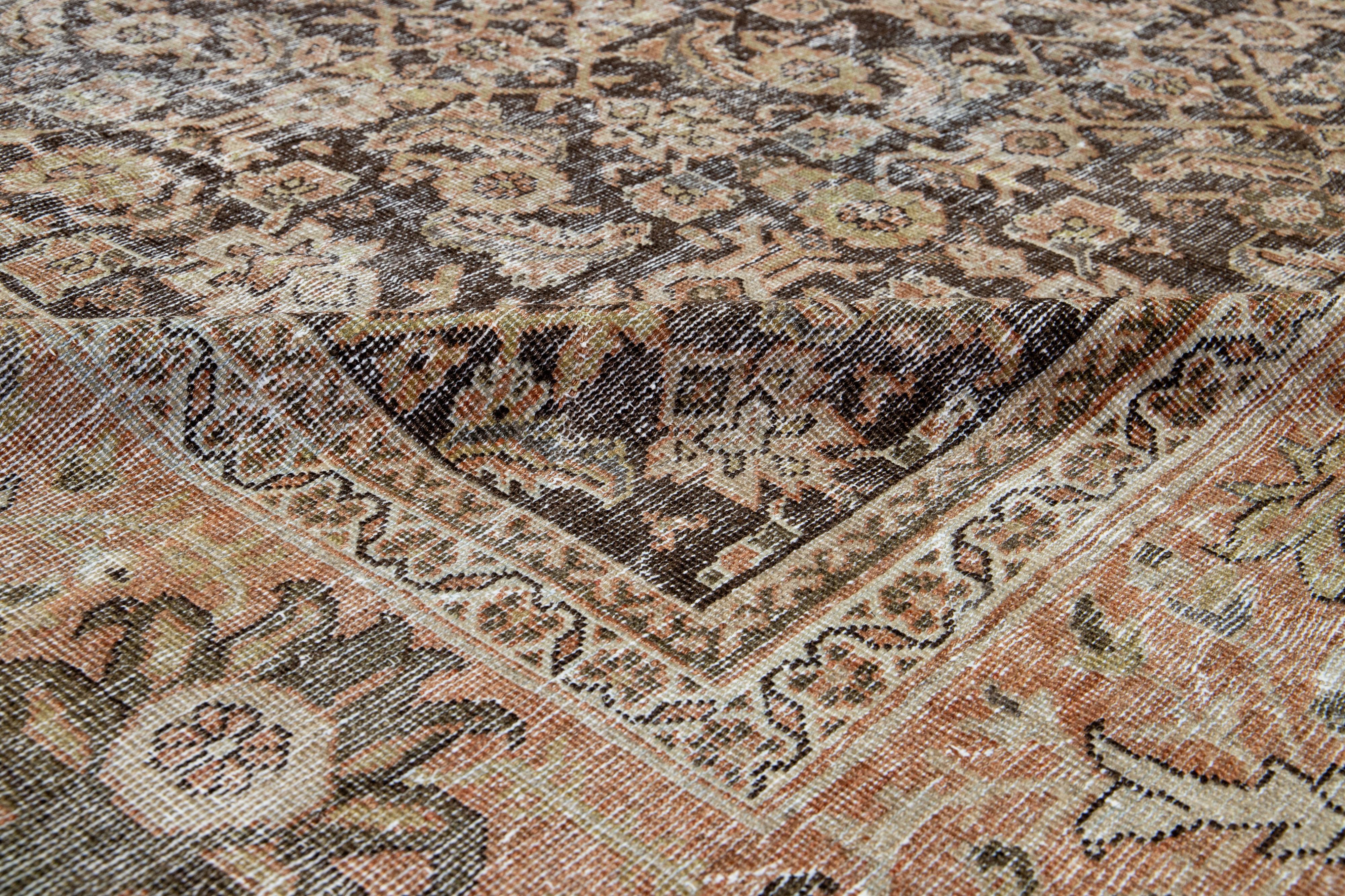 1900s Antique Persian Sultanabad Wool Rug In Brown With Allover Pattern In Fair Condition For Sale In Norwalk, CT