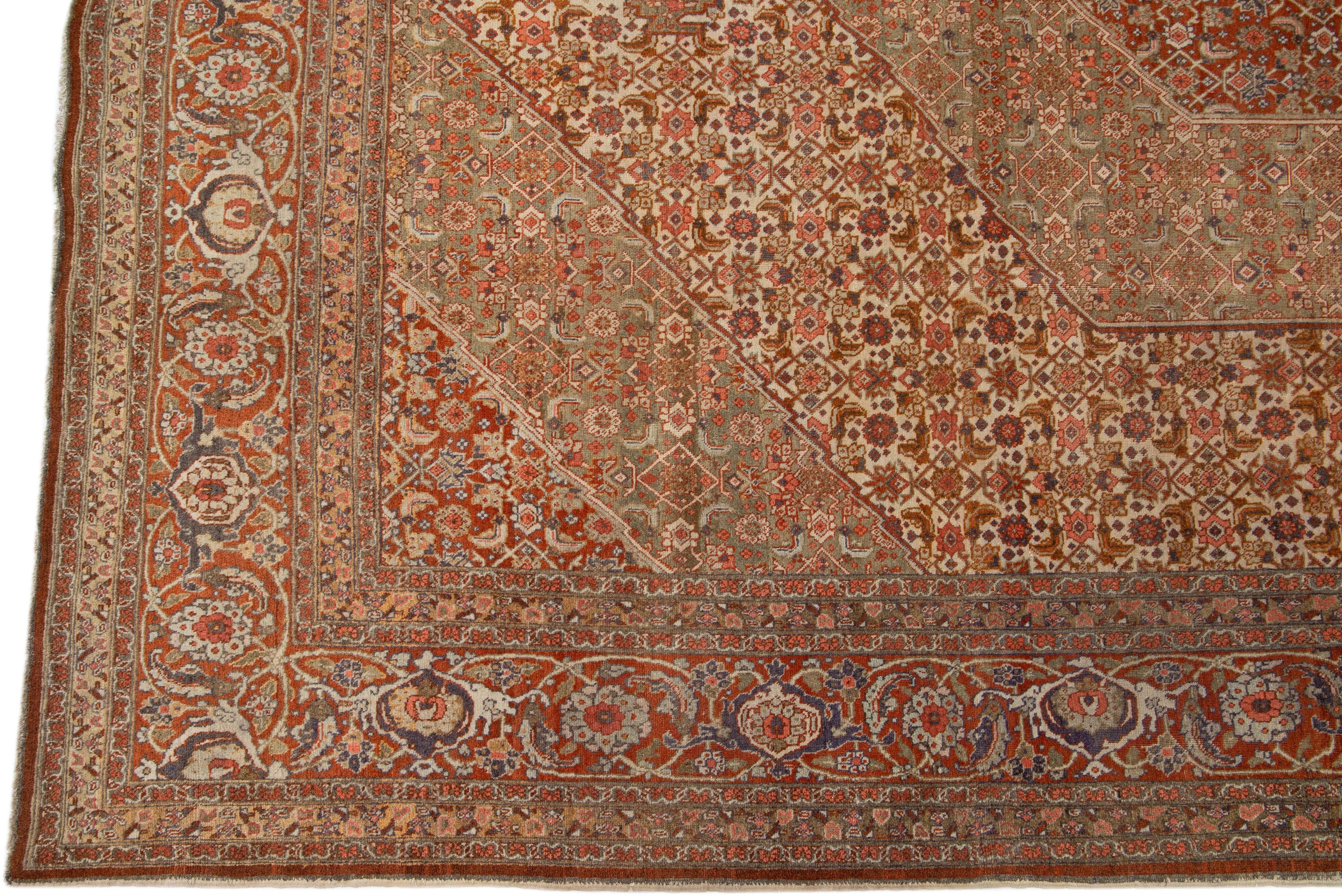 20th Century 1900's Antique Persian Tabriz Beige Wool Rug with Allover Motif For Sale