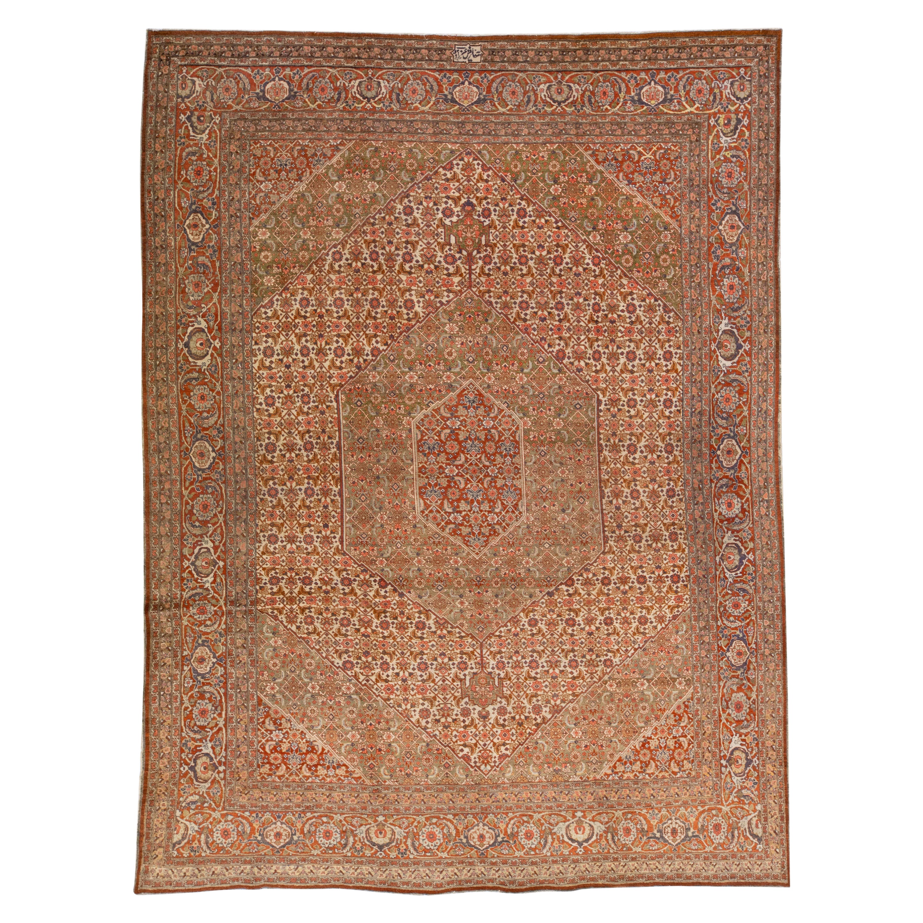 Tappeto antico Tabriz persiano del 1900 in lana beige con motivo alllover