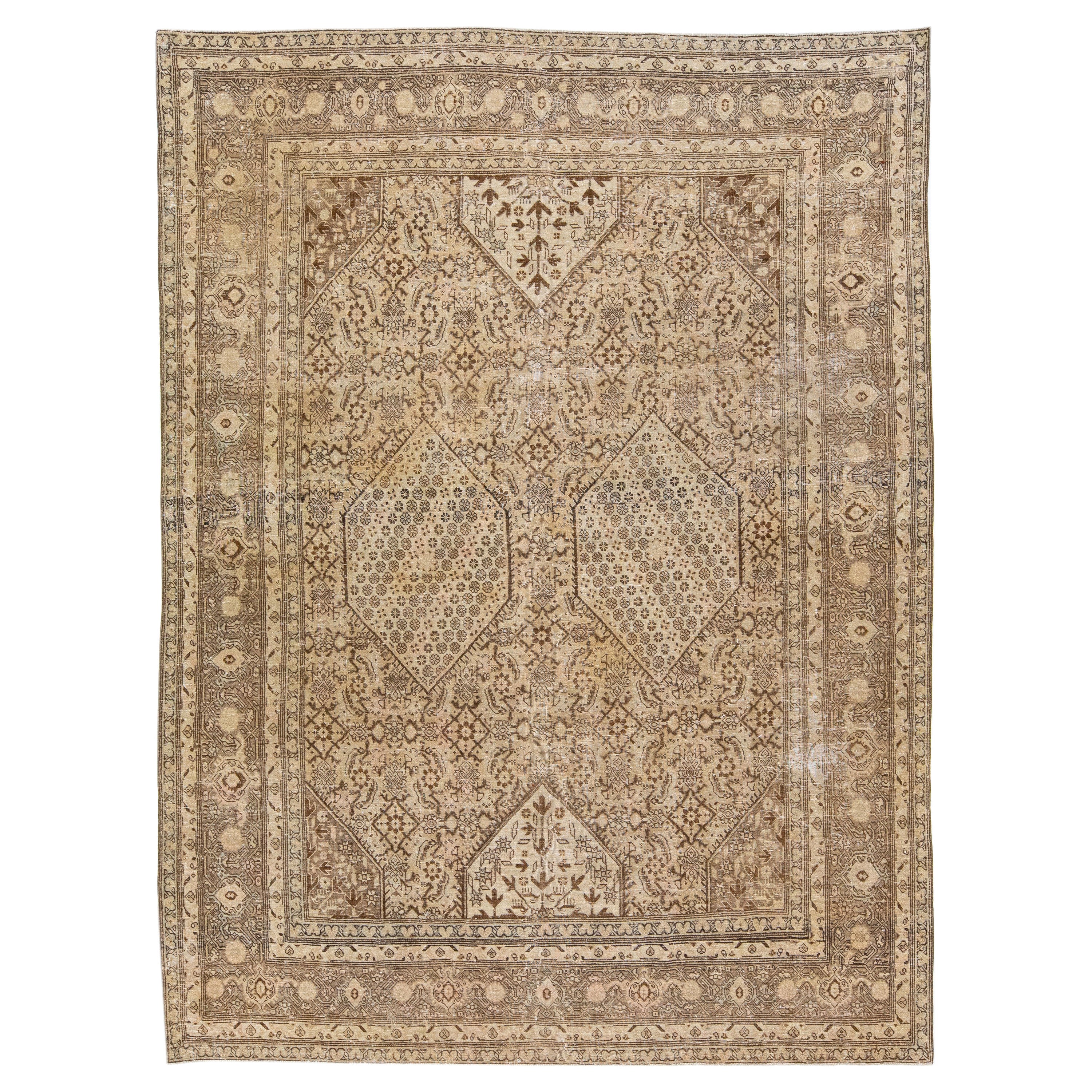 Antico del 1900  Tappeto persiano Tabriz in lana marrone con motivo alllover