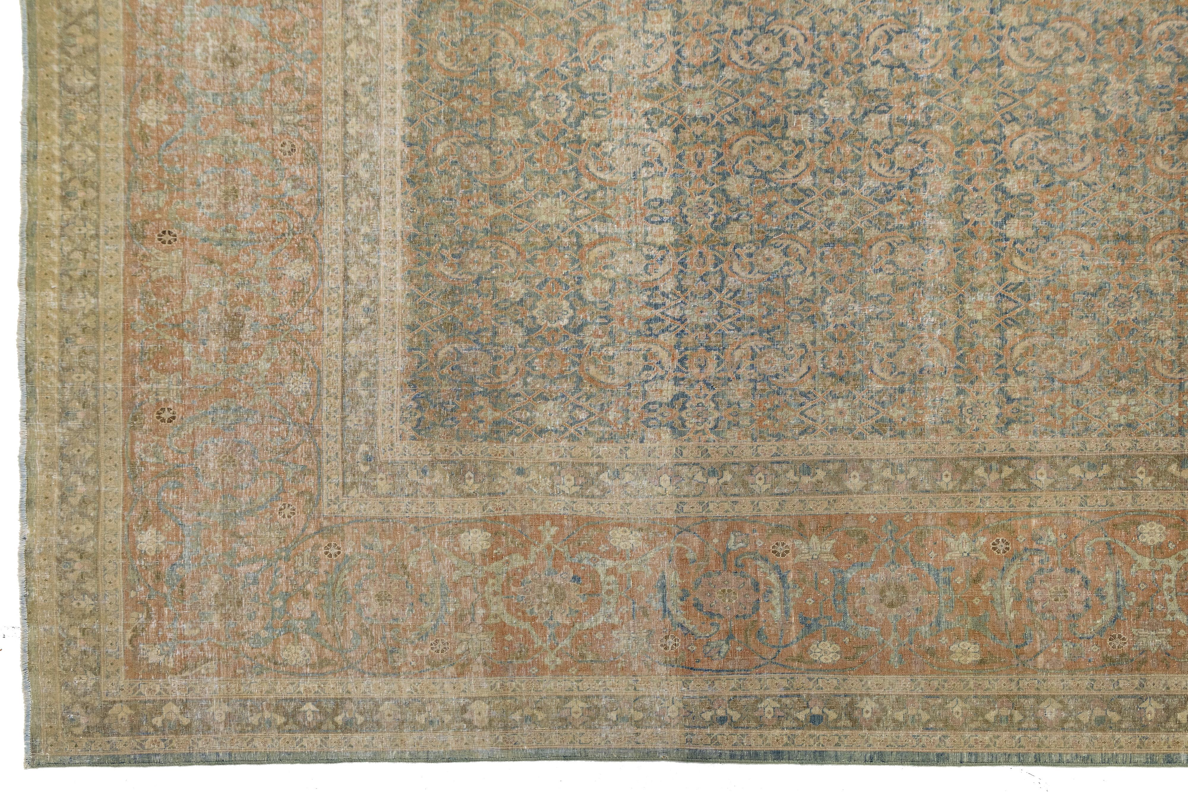 1900er Jahre antike persische Tabriz Wolle Teppich handgefertigt in Blau mit Allover-Muster im Angebot 3
