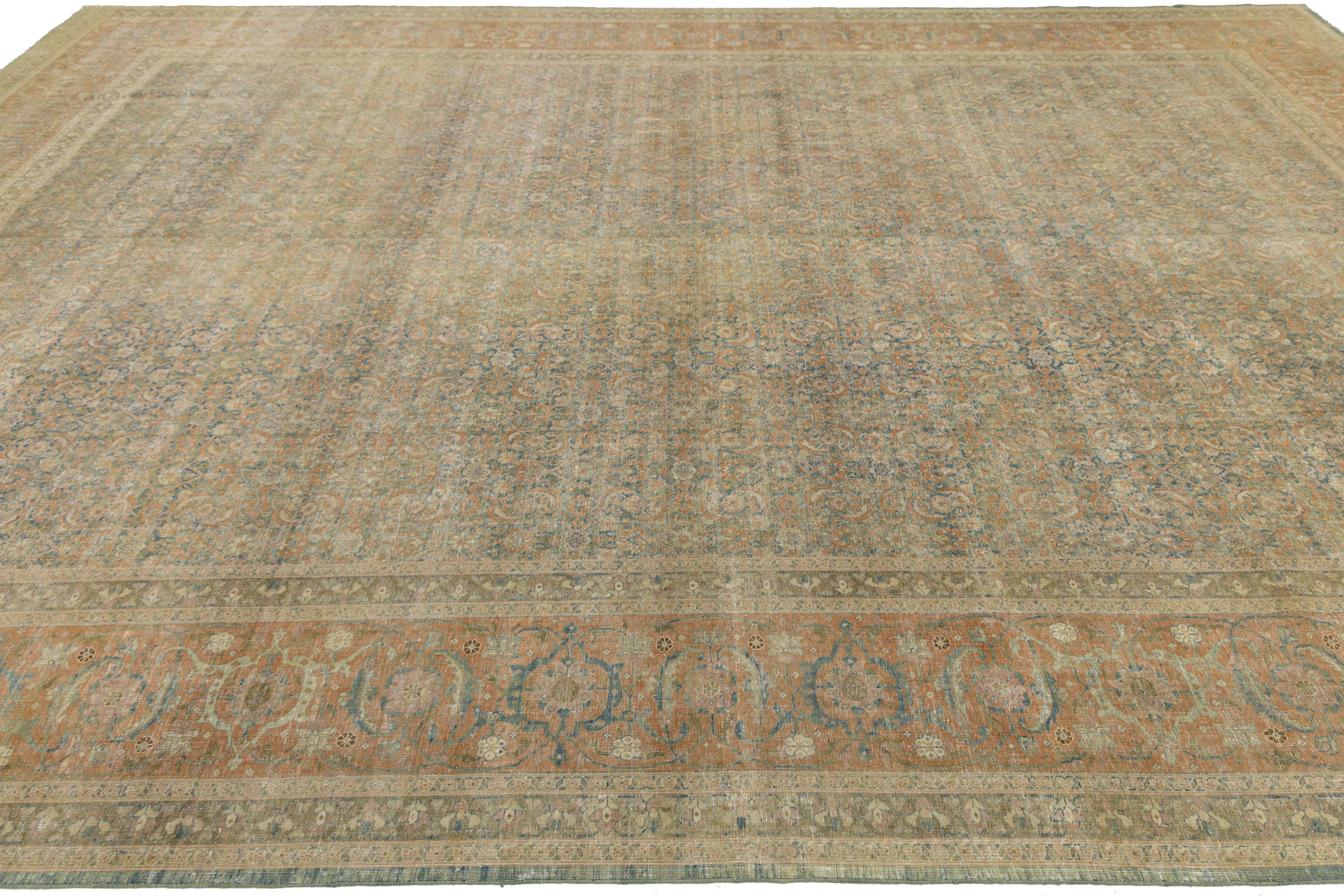 1900er Jahre antike persische Tabriz Wolle Teppich handgefertigt in Blau mit Allover-Muster (Handgeknüpft) im Angebot