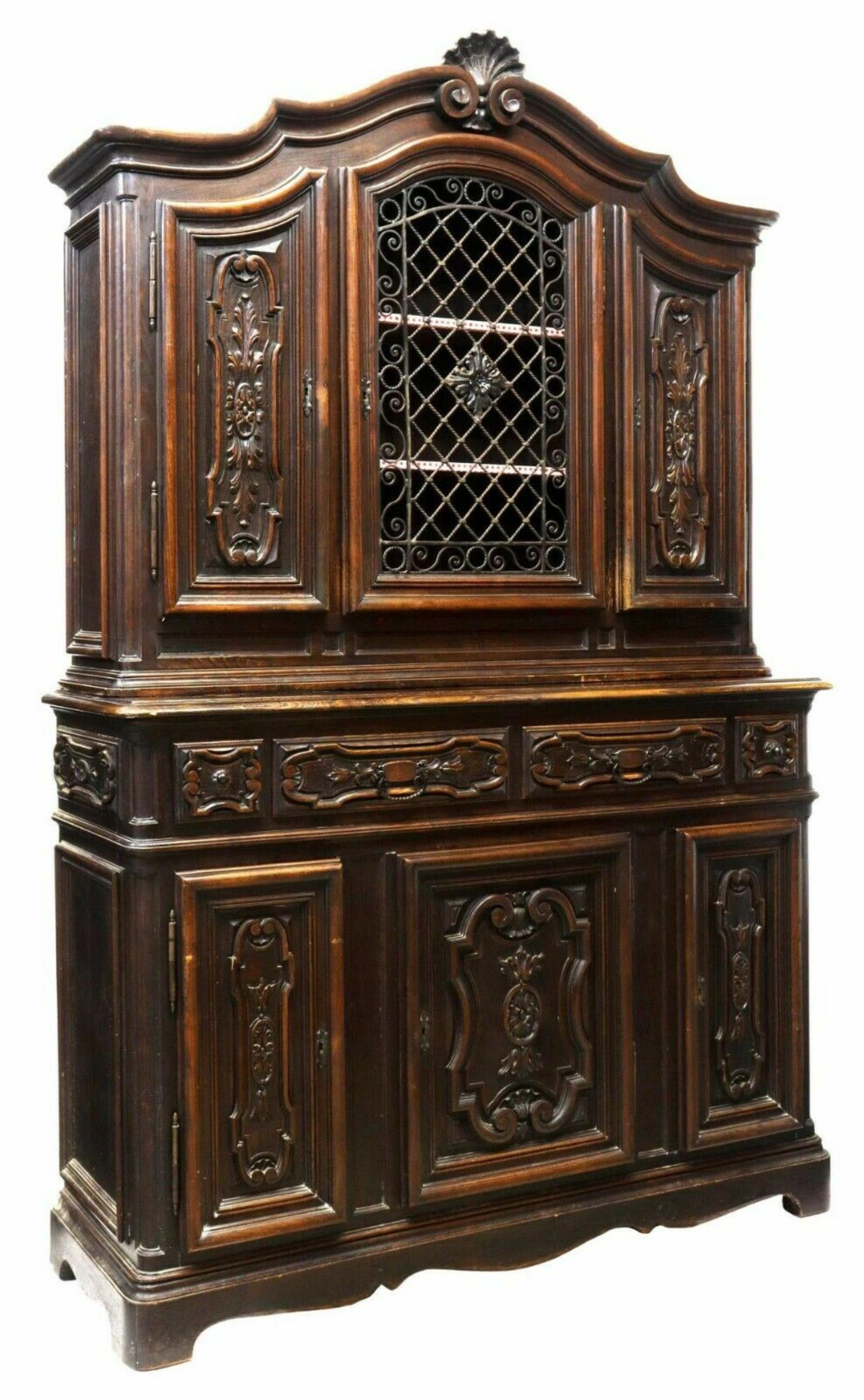 20th Century 1900's Antique Provincial Carved Oak, Cabinet, Dark Wood.  Stepback Sideboard