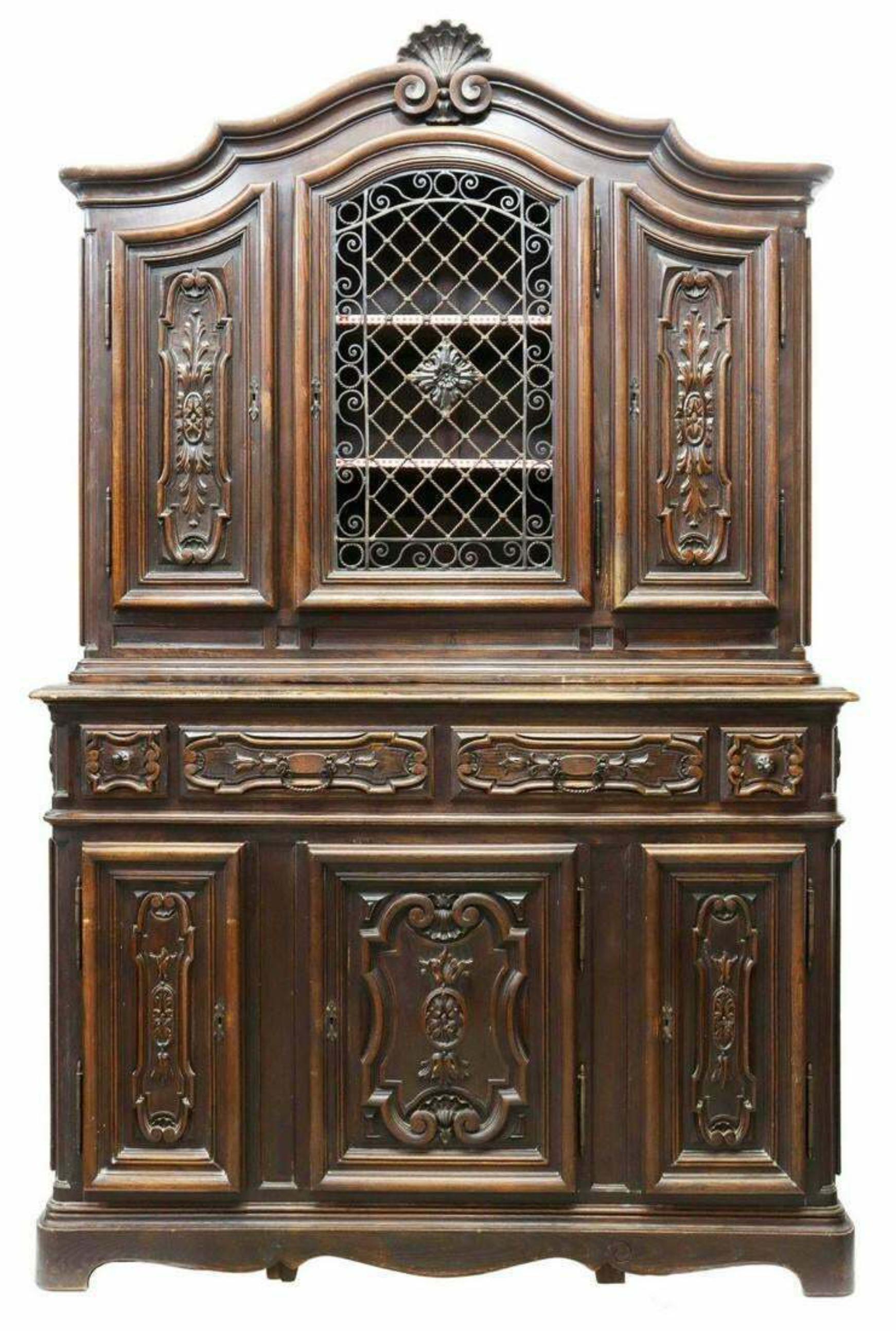 1900's Antique Provincial Carved Oak, Cabinet, Dark Wood.  Stepback Sideboard 1
