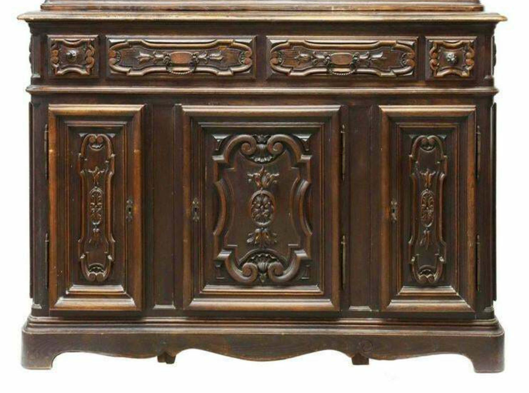 1900's Antique Provincial Carved Oak, Cabinet, Dark Wood.  Stepback Sideboard 3