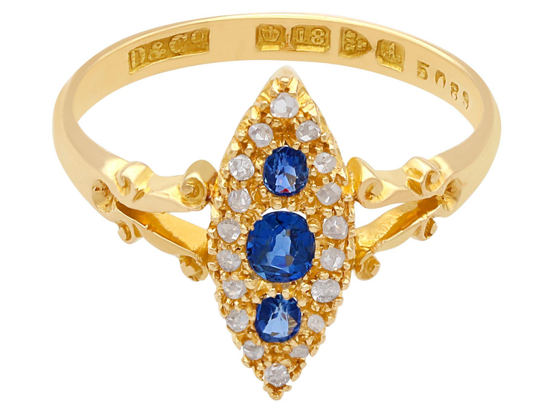 Marquise Cut 1900s Antique Sapphire and Diamond Yellow Gold Cocktail Ring