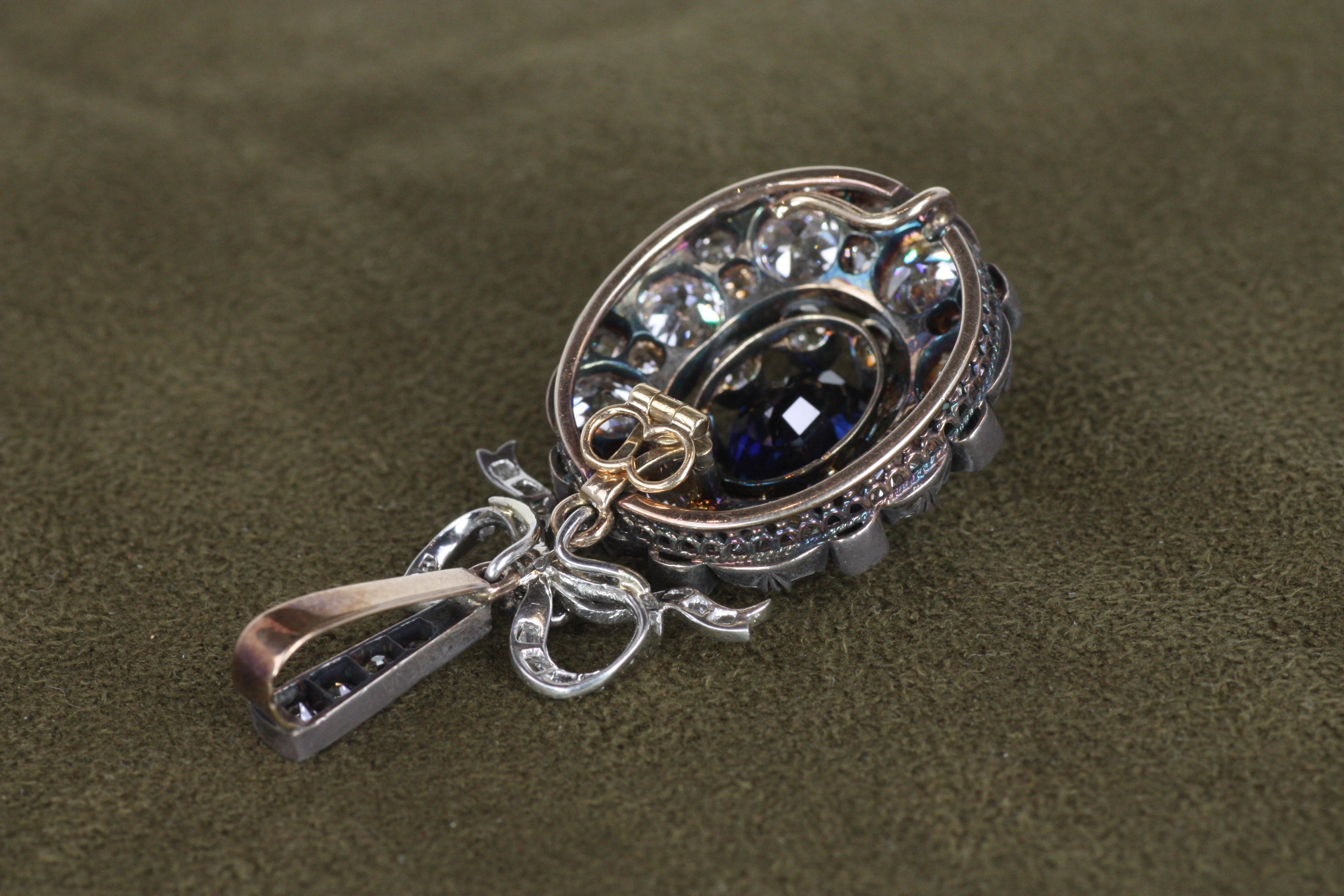 1900er Jahre Antiker Saphir und Altschliff Diamant Viktorianischer Anhänger im Angebot 5