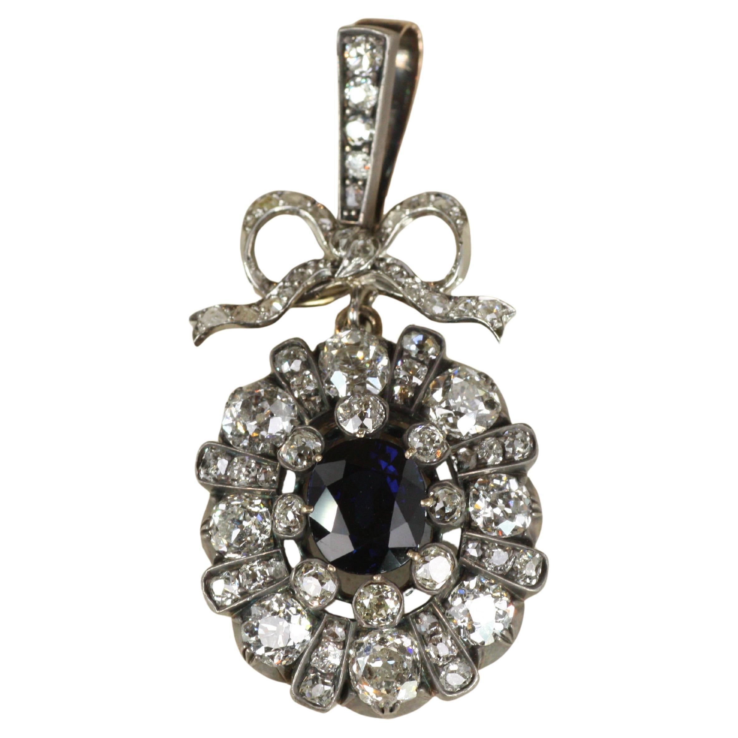 Pendentif victorien 1900 en saphir ancien et diamant taille ancienne