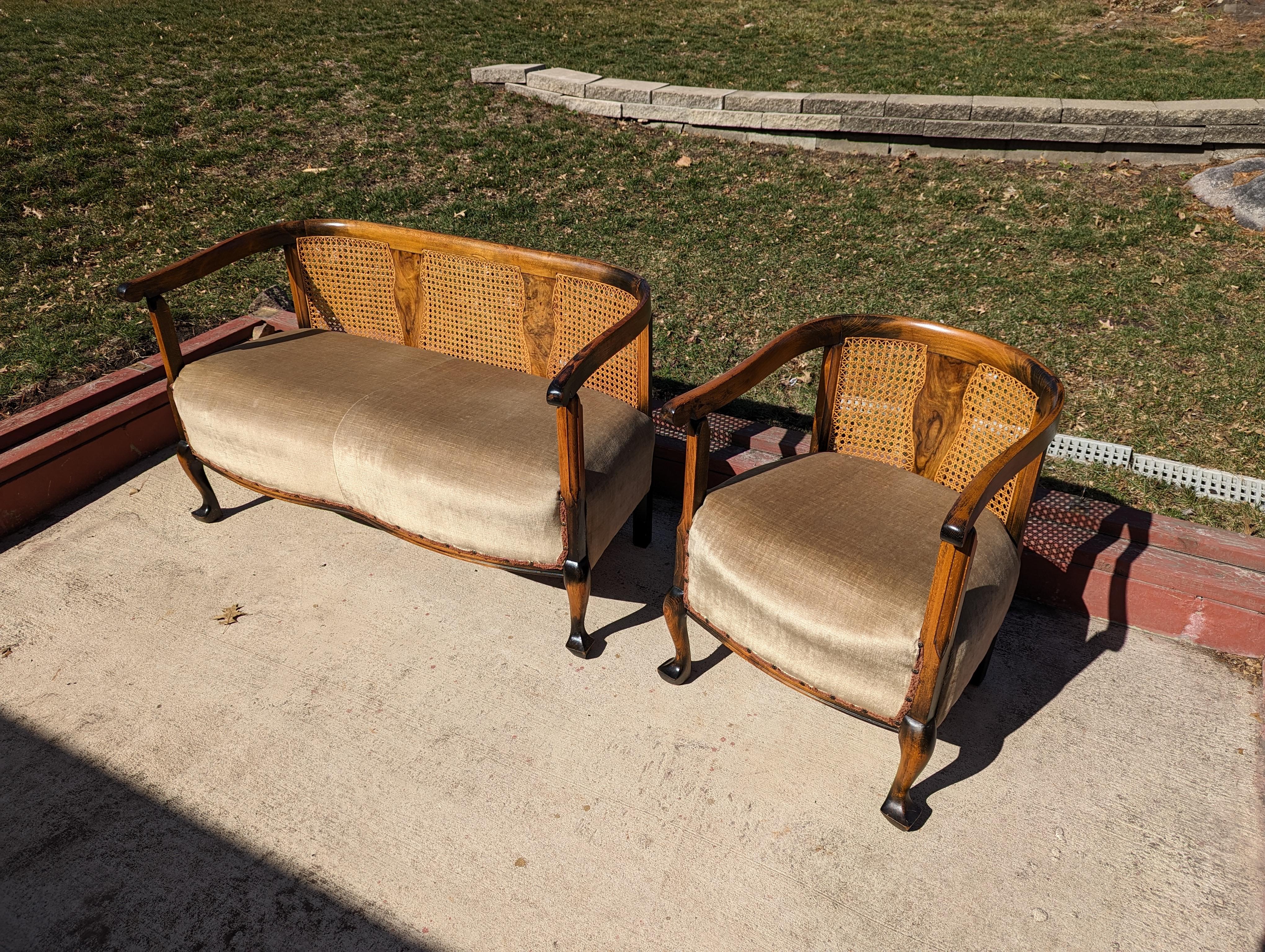 Cane 1900s Antique Settee and Matching Chair For Sale