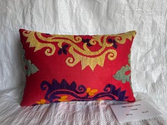 1900s Antique Suzani Pillow in Red and Gold