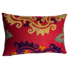 1900s Antique Suzani Pillow in Red and Gold