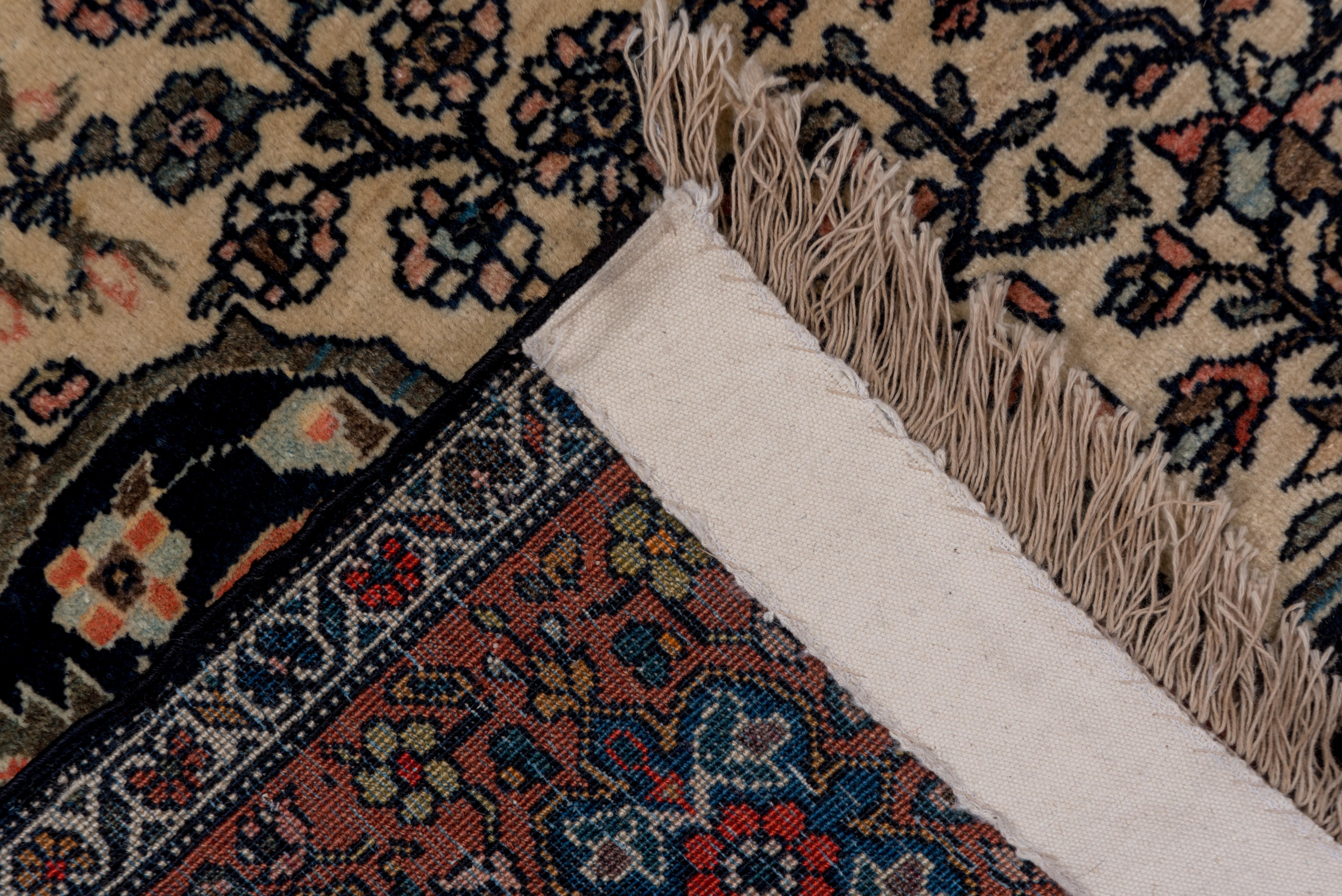 This well-woven south Persian tribal scatter features an ivory field with closely set offset rows of vases flanked by highly stylized birds. Thin, straight lines integrate the composition. Among the multiple patterned borders is a narrow main stripe