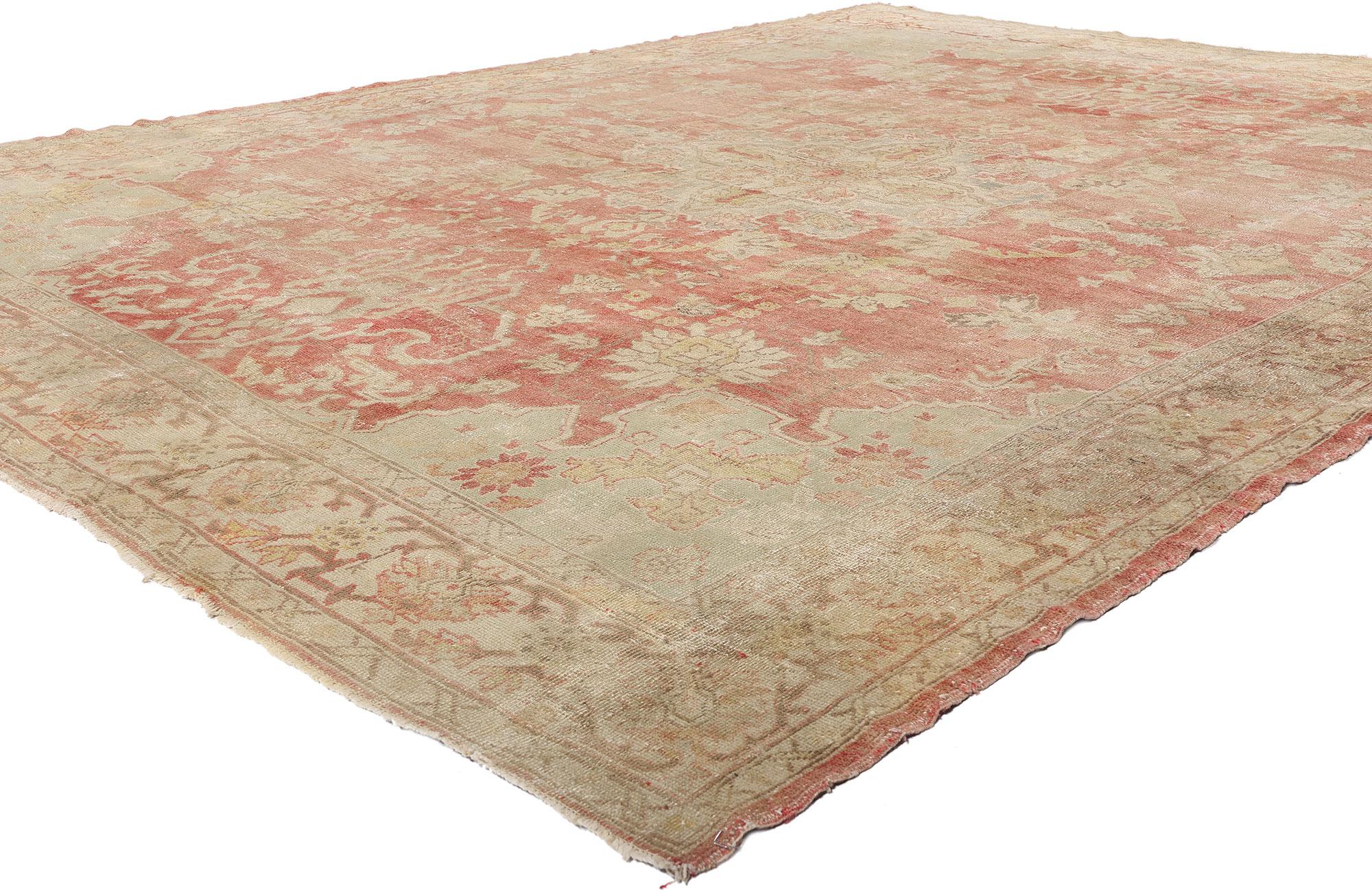 76860 Distressed Antique Turkish Oushak Rug, 09'09 x 12'04. A whisper of antiquity rendered in wool, this hand-knotted antique Turkish Oushak rug is a precious relic of Anatolian heritage, where time itself has become the artist. Its distressed