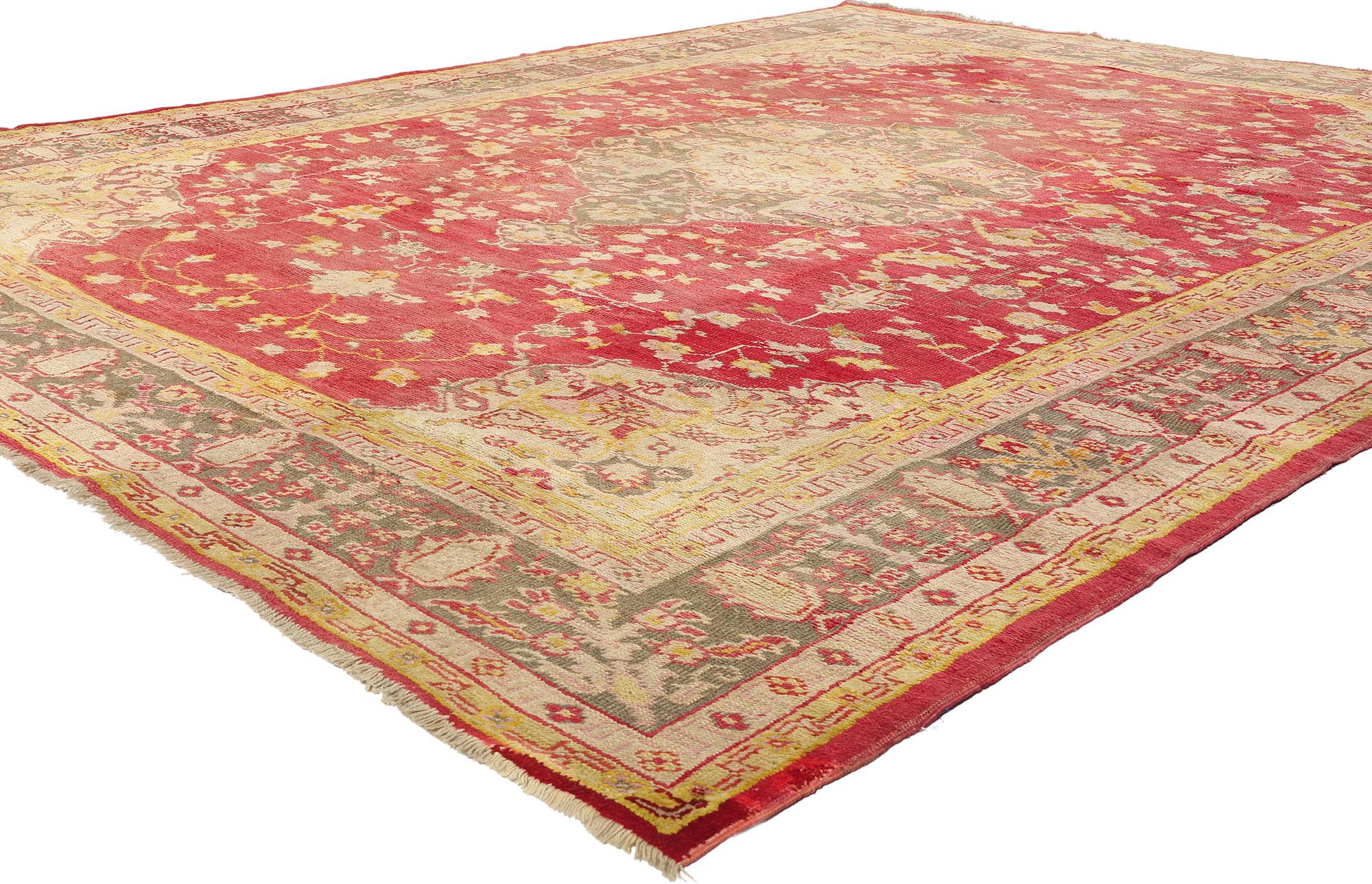 76787 Antique Turkish Oushak Rug, 09'07 x 12'01. Glowing like an ember drawn from the hearth of history, this hand-knotted wool antique Turkish Oushak rug is a poetic relic of Anatolia’s golden age. At its heart lies a grand cusped medallion,