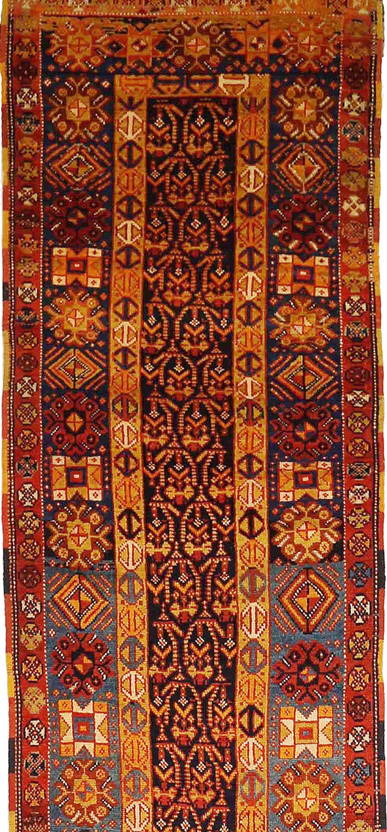 Antique Persian runner rug made of handwoven sheep’s wool of the finest quality. It’s colored with organic vegetable dyes that are certified safe for humans and pets alike. It features rows of flower medallion details all-over associated with Oushak
