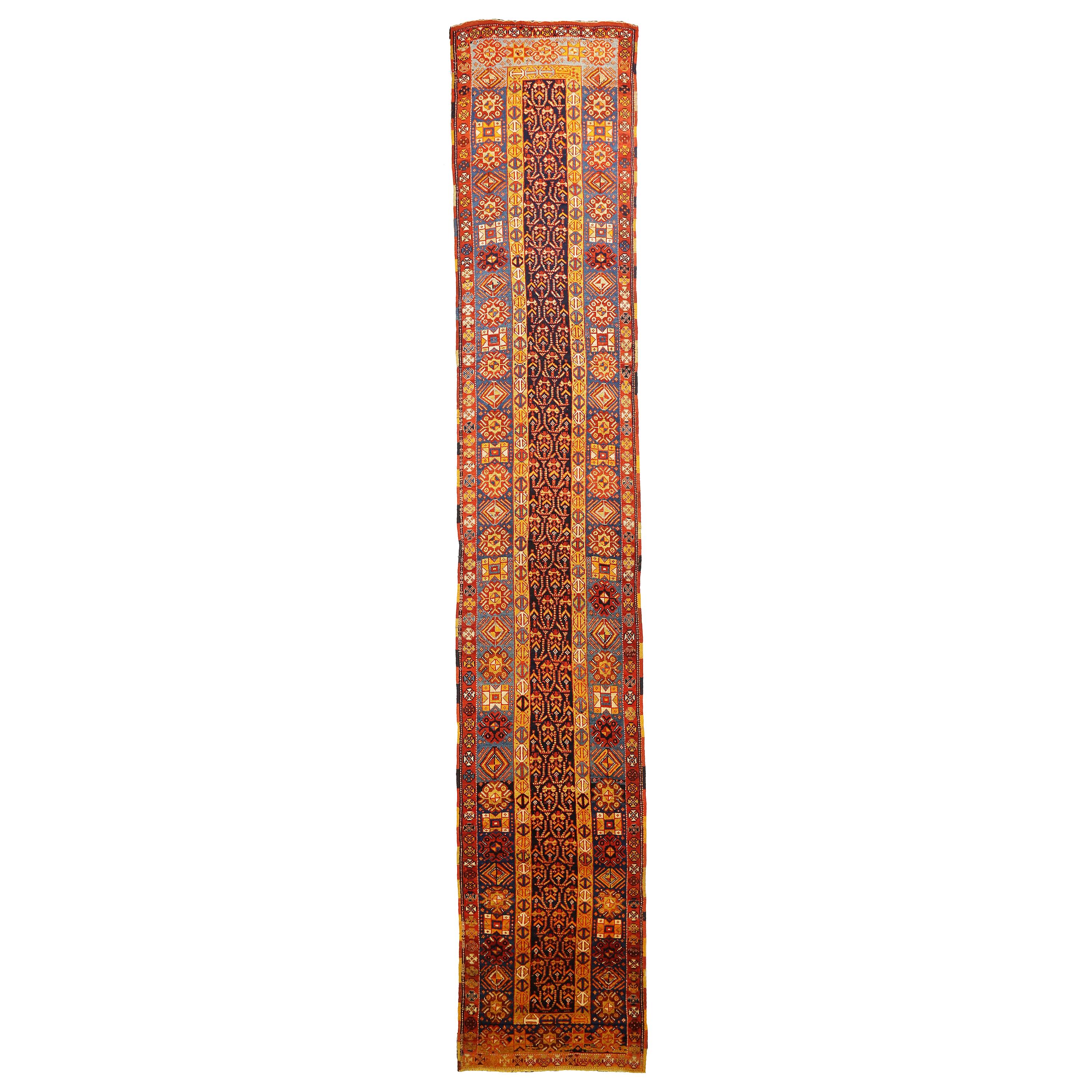 1900s Antique Turkish Oushak Runner Rug with Red and Orange Medallions For Sale