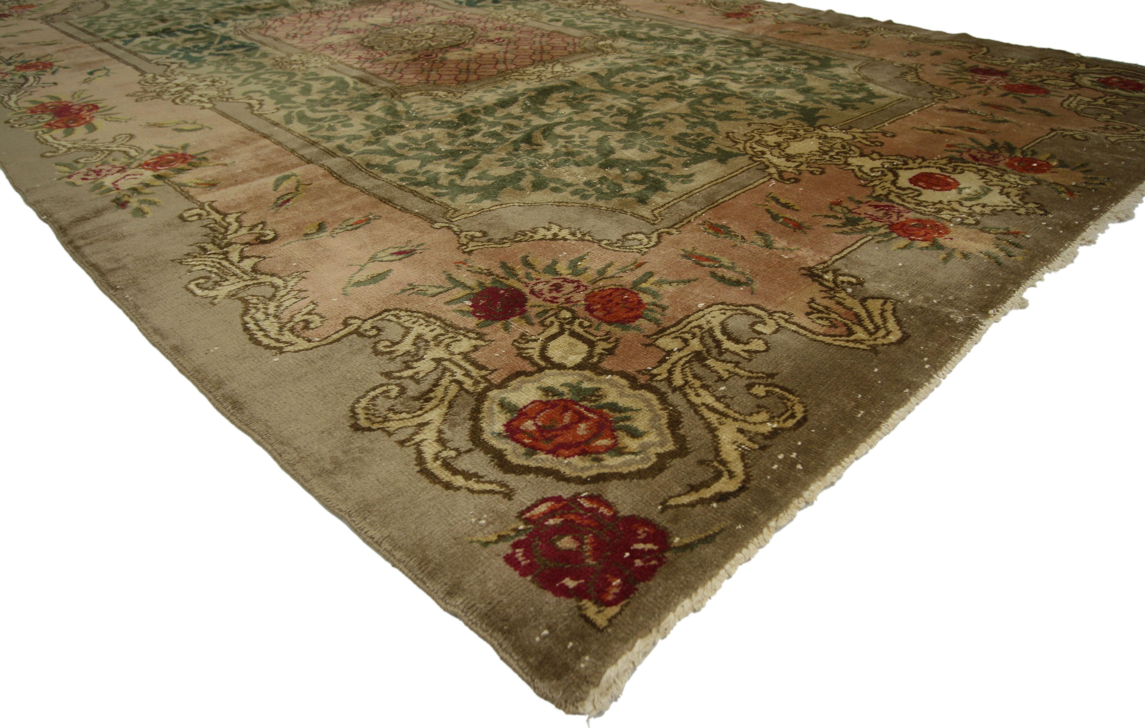 71541 Distressed Antique Green Turkish Sparta Rug, 07'02 x 11'02. In the enchanting town of Sparta, nestled within the southwestern expanse of Turkey, Turkish Sparta rugs unfurl a narrative woven with enchantment and heritage. Adorned with delicate