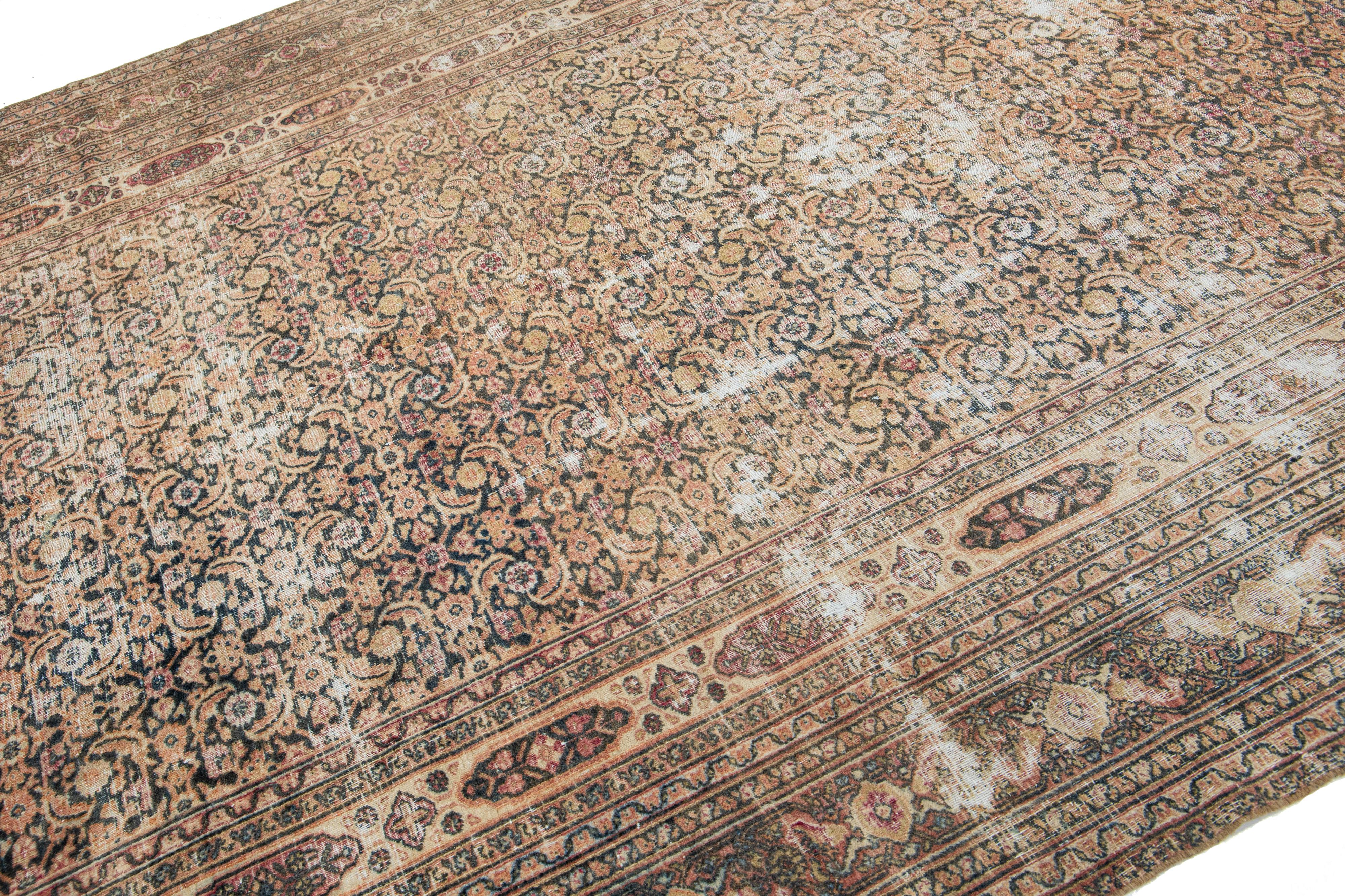 Hand-Knotted  1900s Antique Wool Rug Persian Tabriz In Rust With Floral Pattern  For Sale