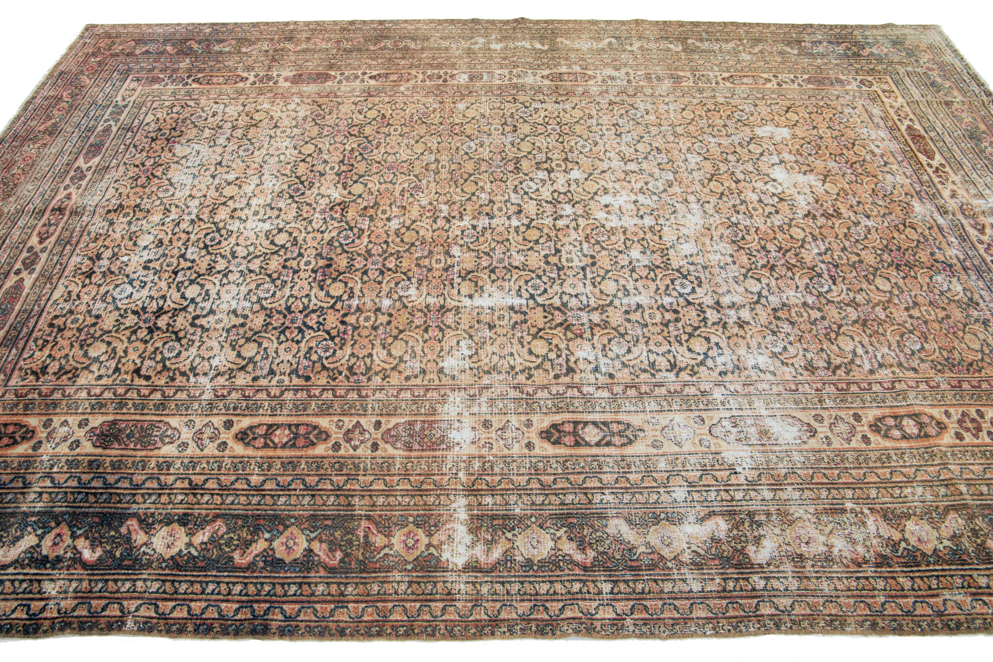  1900s Antique Wool Rug Persian Tabriz In Rust With Floral Pattern  In Distressed Condition For Sale In Norwalk, CT