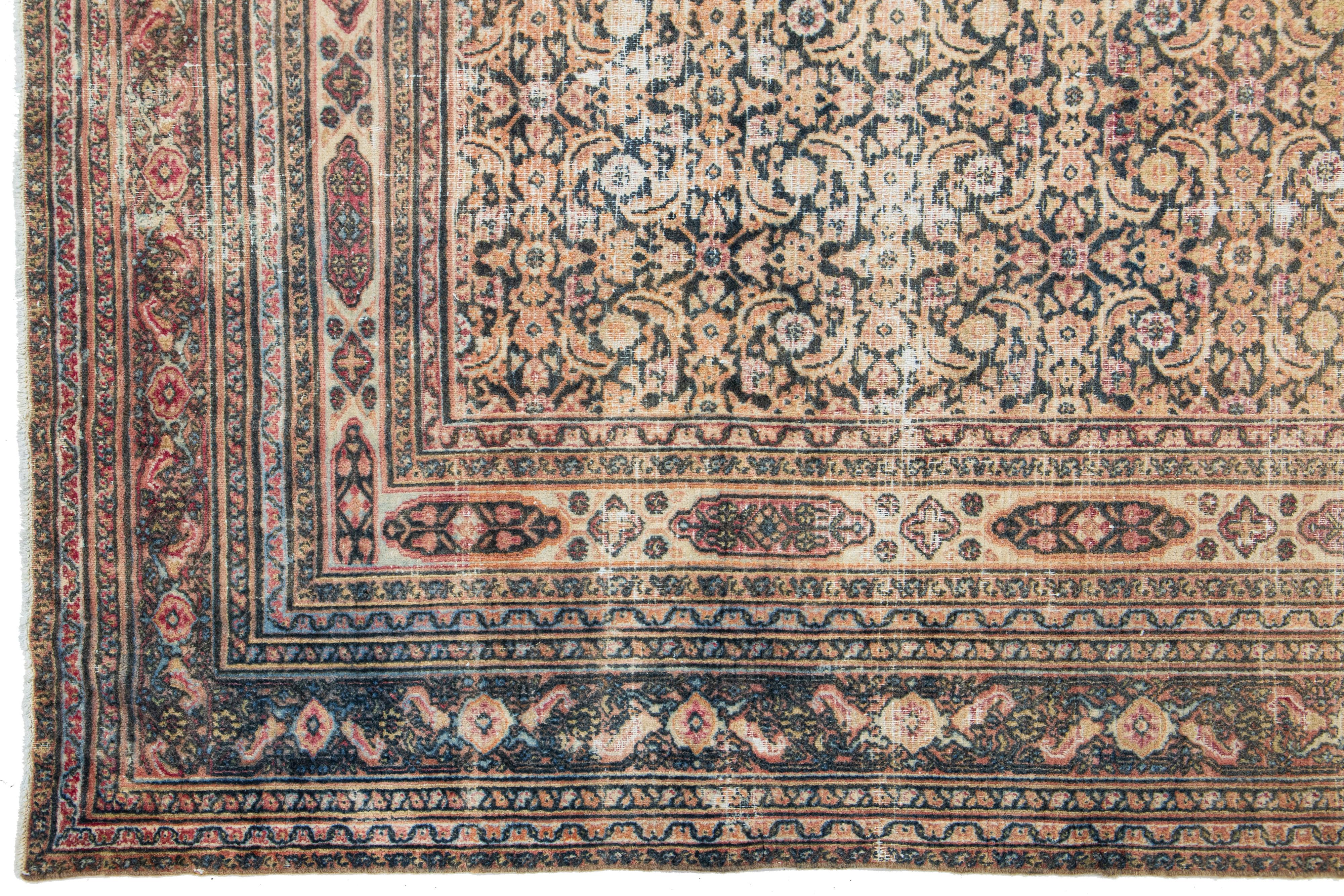 20th Century  1900s Antique Wool Rug Persian Tabriz In Rust With Floral Pattern  For Sale