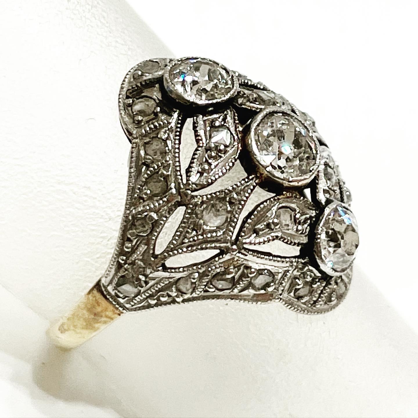 1900s Art Nouveau 3 Stones Yellow Gold Platinum Diamond Ring Antique Bridal Ring 3