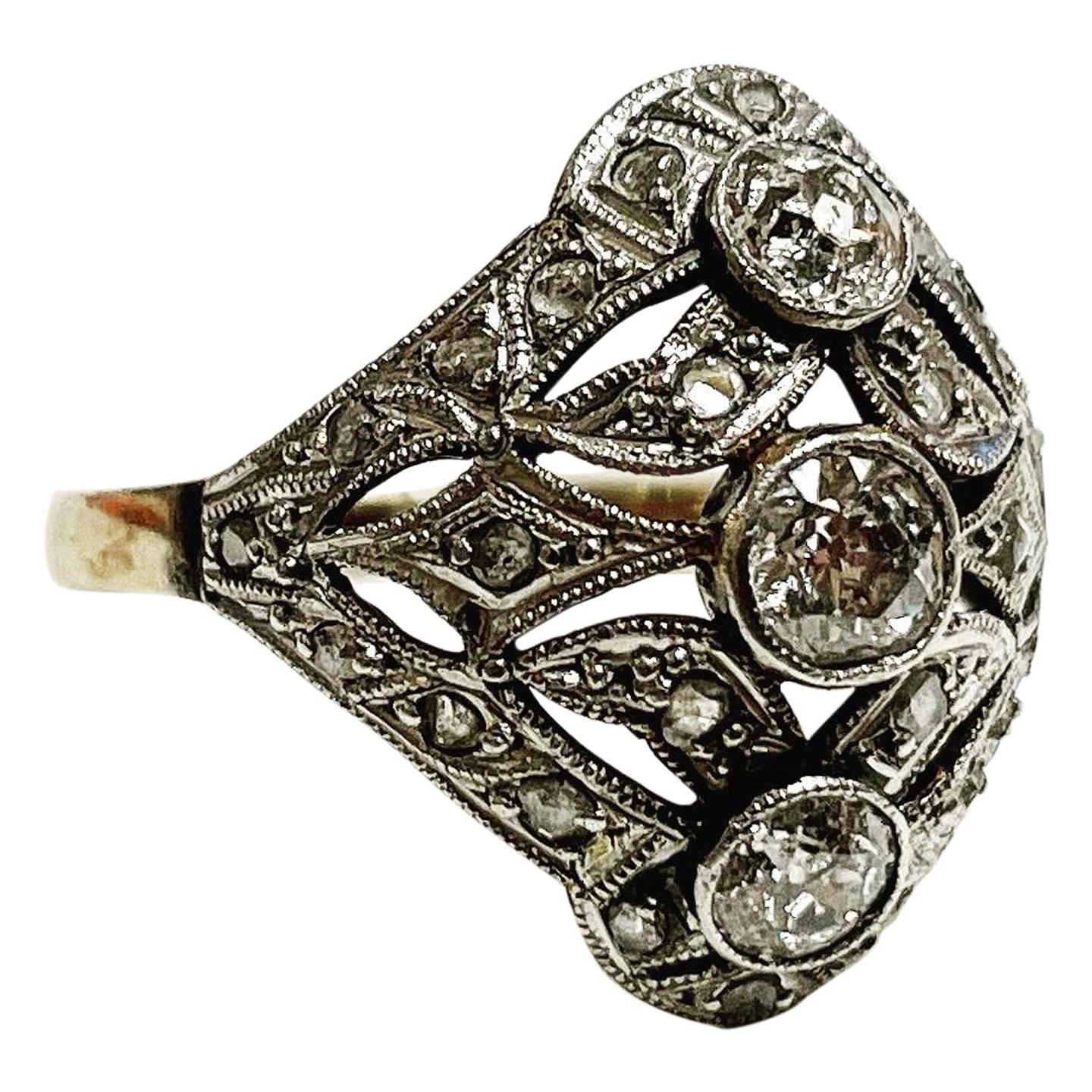 1900s Art Nouveau 3 Stones Yellow Gold Platinum Diamond Ring Antique Bridal Ring