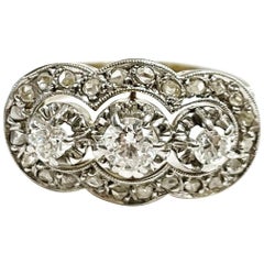 1900s Art Nouveau 3 Stones Yellow Gold Platinum Diamond Ring Antique Bridal Ring
